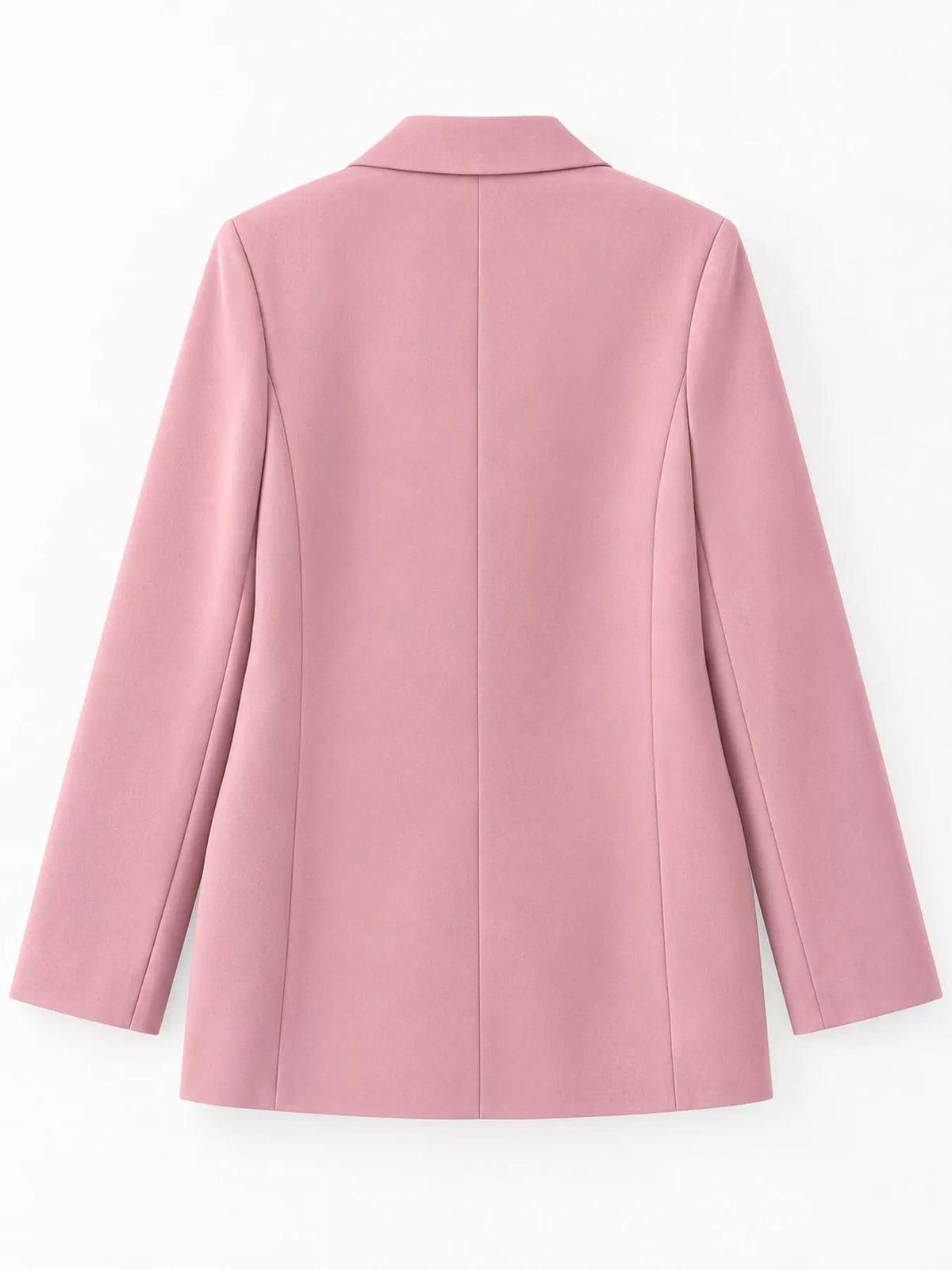 Pink double-breasted lapel collar blazer, back view