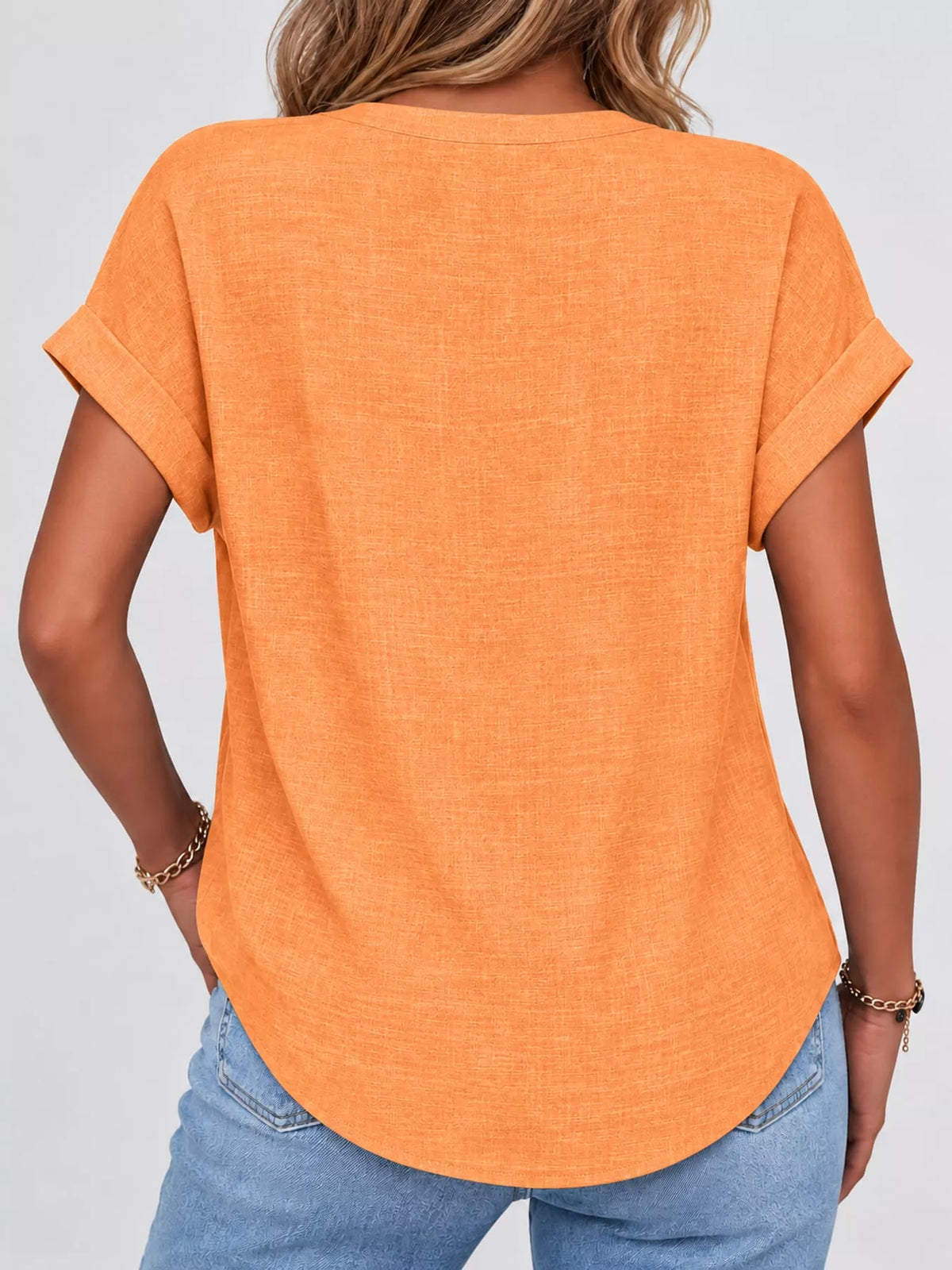 Orange button detail short sleeve blouse, back view