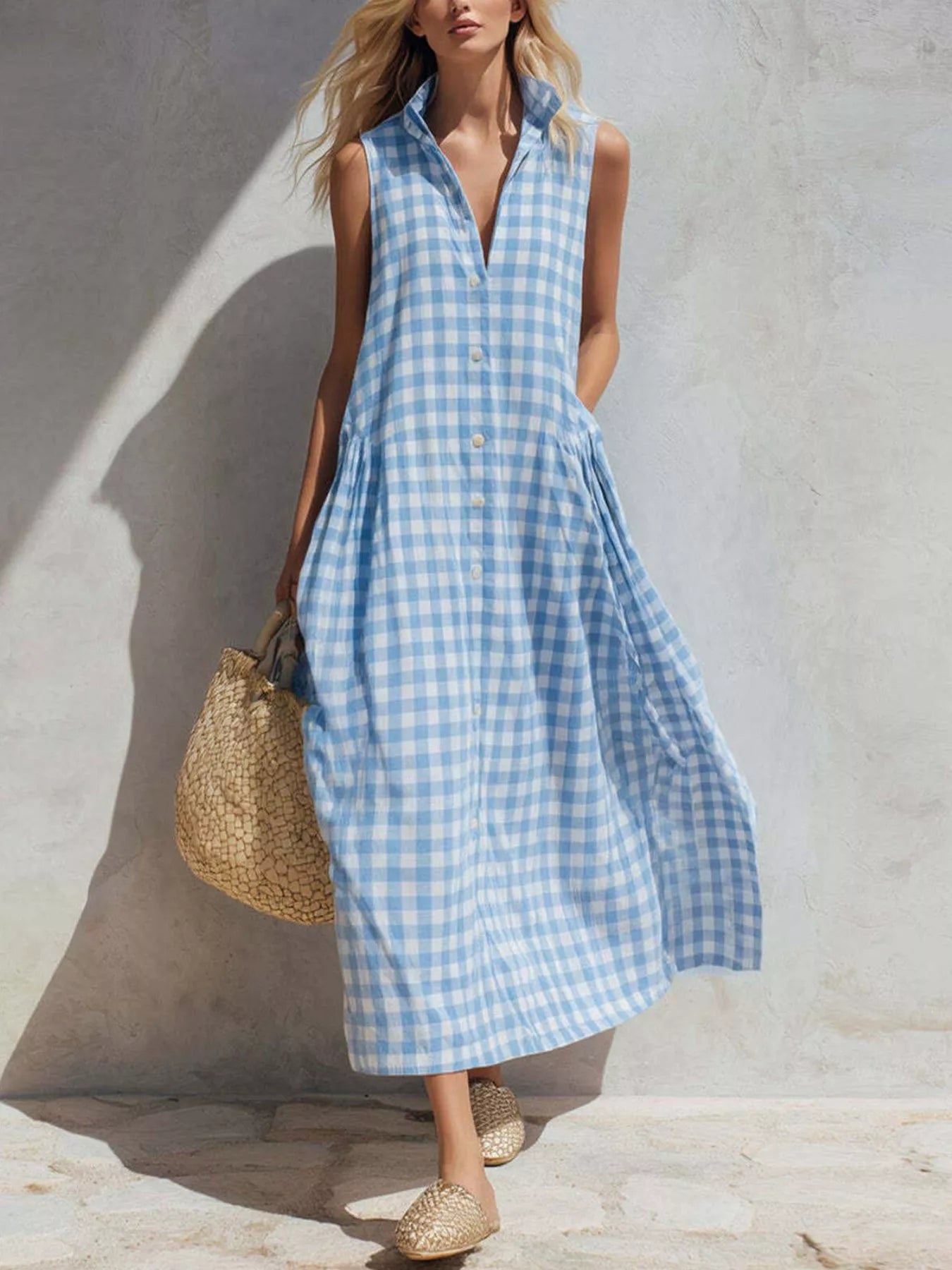 Trendsi Full Size Sleeveless Gingham Button-Down Midi Dress Plus Size -