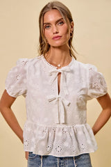 Trendsi SO ME Cotton Eyelet Front Tie Short Sleeves Blouse -