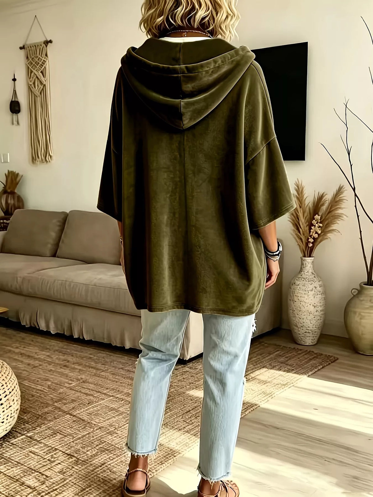 Trendsi Full Size Velvet Button Detail Drawstring Hoodie Plus Size -