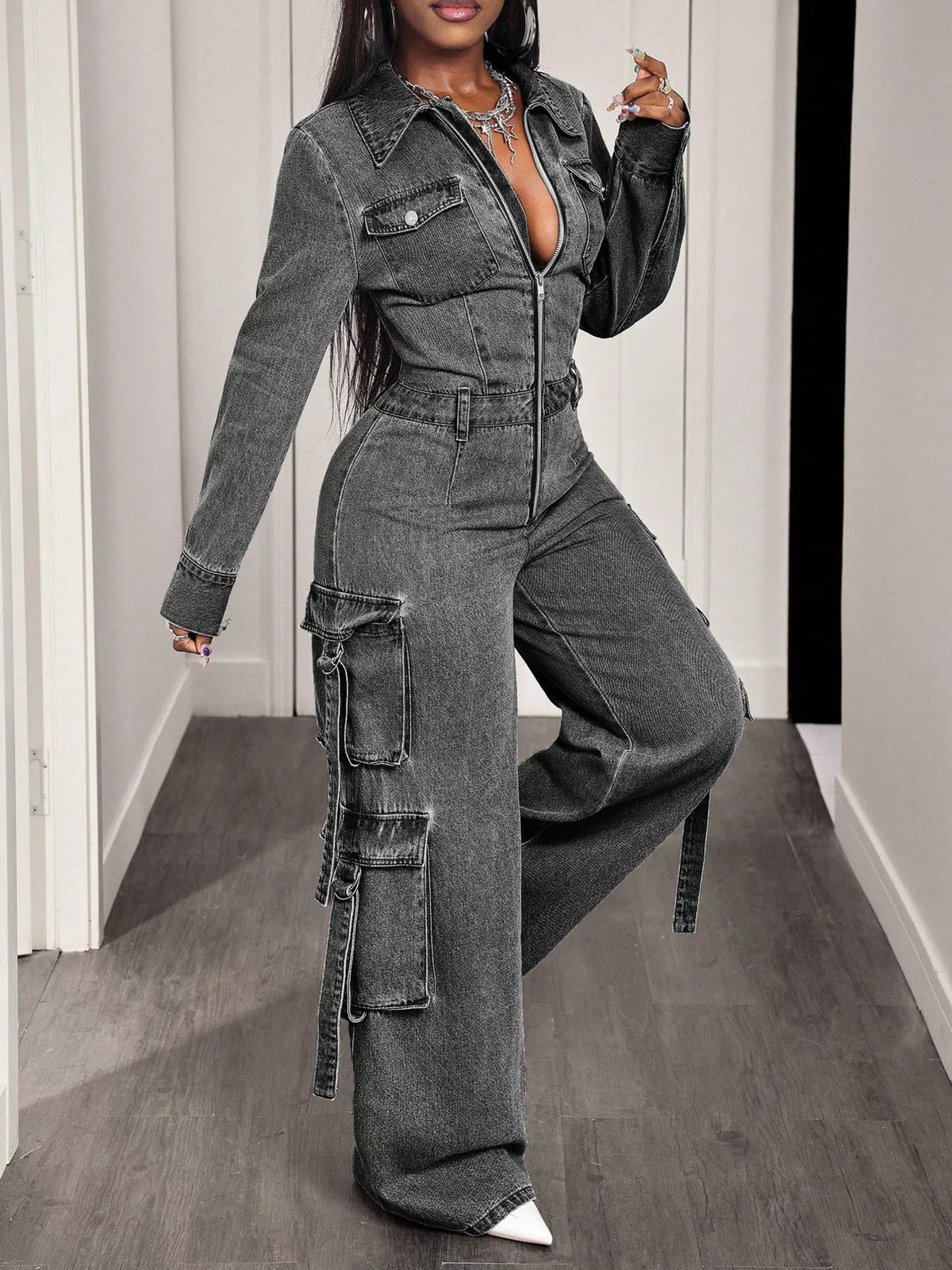 Women's Zip Front Wide Leg Denim Jumpsuit in Gray, full-length view