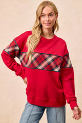 Trendsi BiBi Christmas Theme Plaid Block Sweatshirt with Binding -