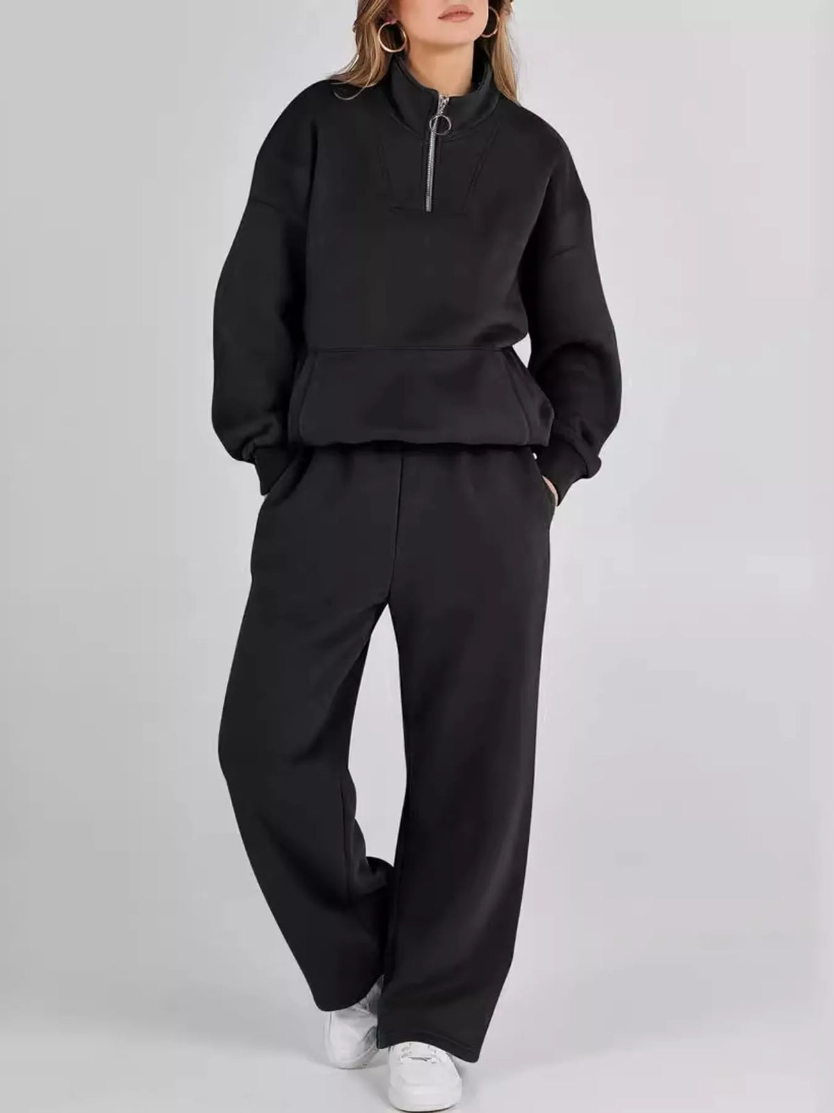 Quarter-Zip Top and Wide-Leg Sweatpants Set — front view