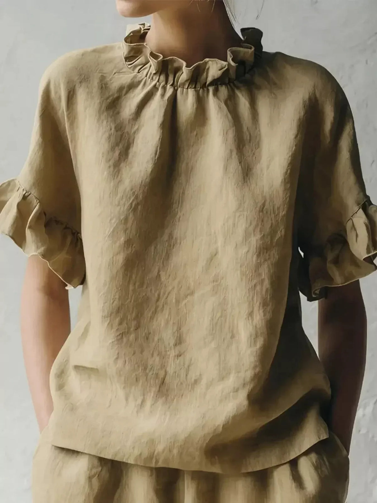 Khaki Color Ruffle-Neck Short Sleeve Blouse, front view