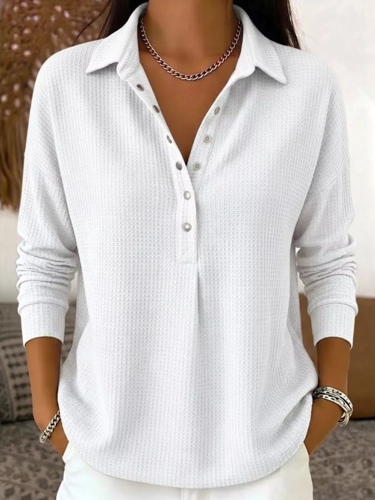 White waffle knit snap-front blouse