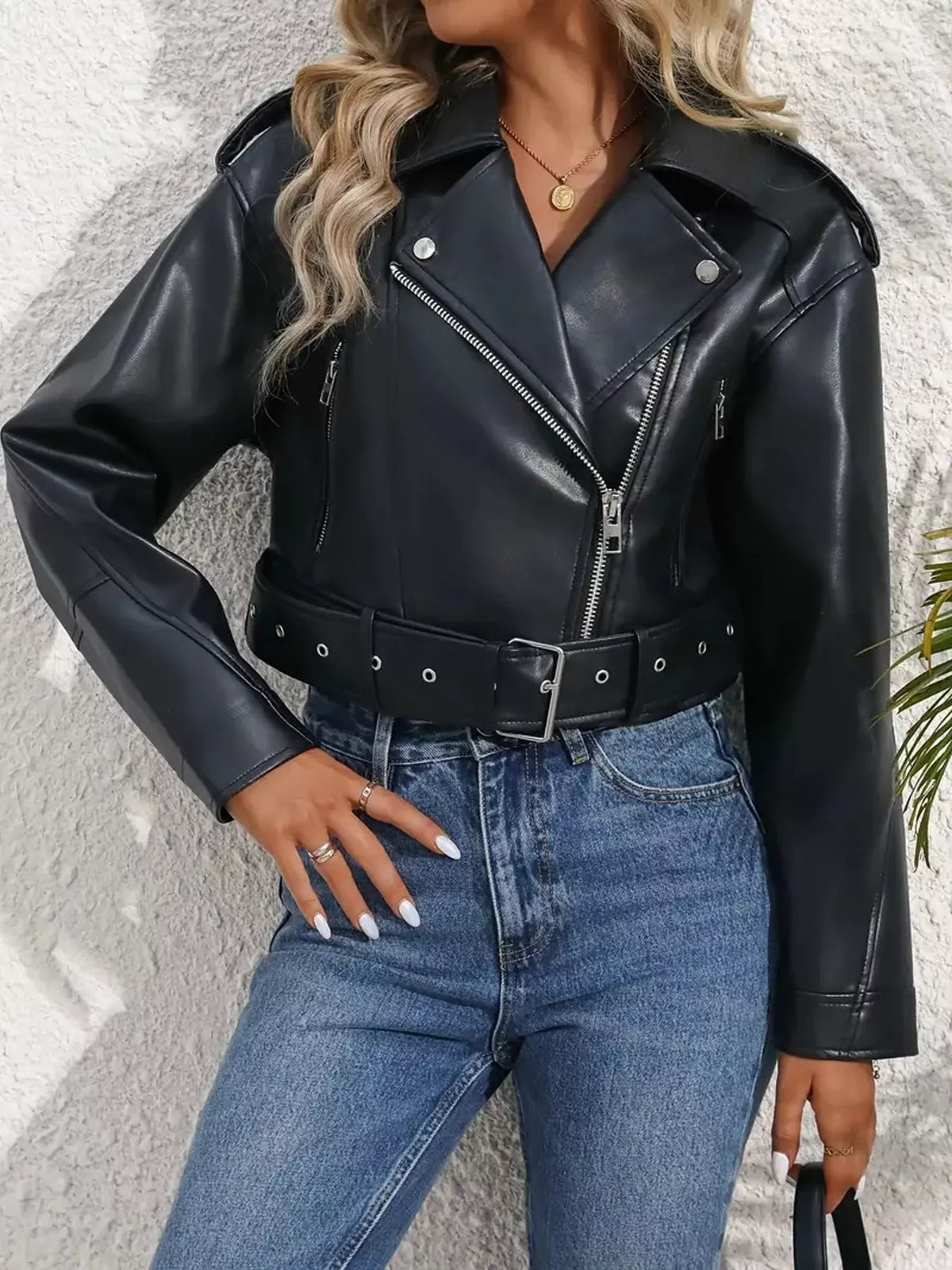 Faux Leather Zip Up Jacket in black, front view