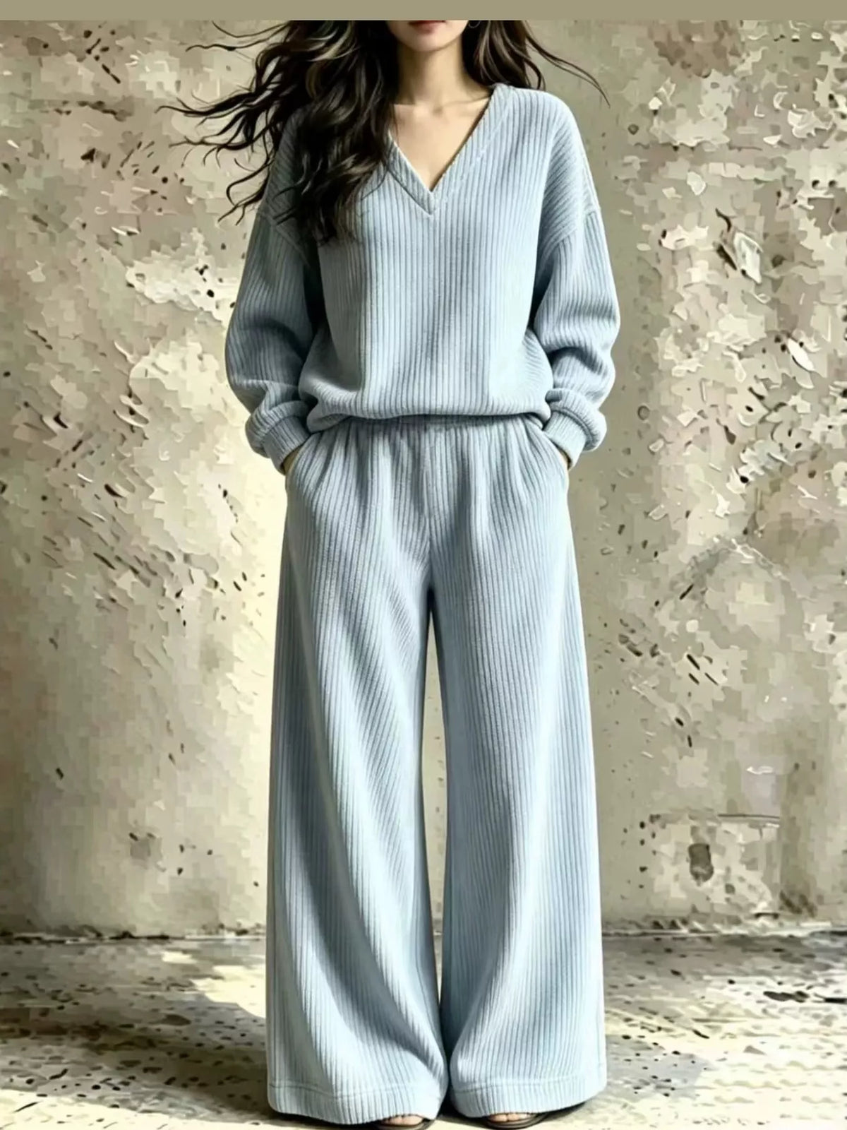 Light blue corduroy v-neck top and pants set — front view