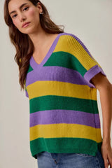 Trendsi SO ME Mardi Gras Loose Fit V Neck Stripe Sweater Top -
