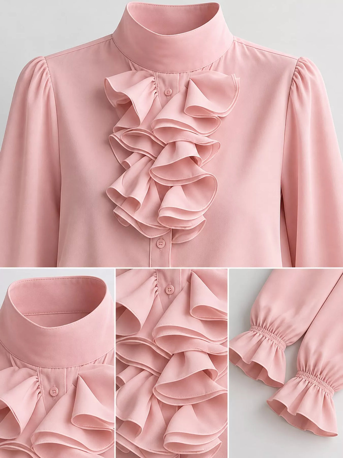 Ruffled Stand-Collar Blouse with Long Lantern Sleeves, collar cuff and placket detail