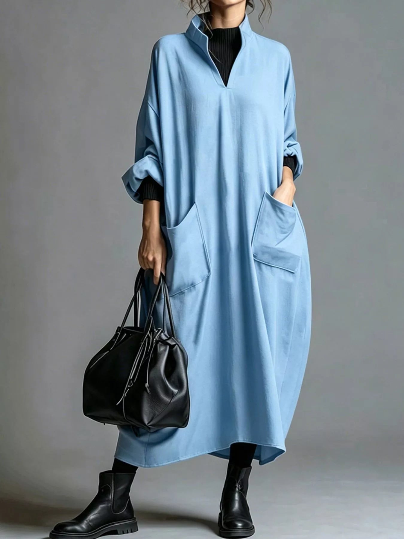 Trendsi Full Size Loose-Fit Mock Neck Midi Dress with Pockets Plus Size -