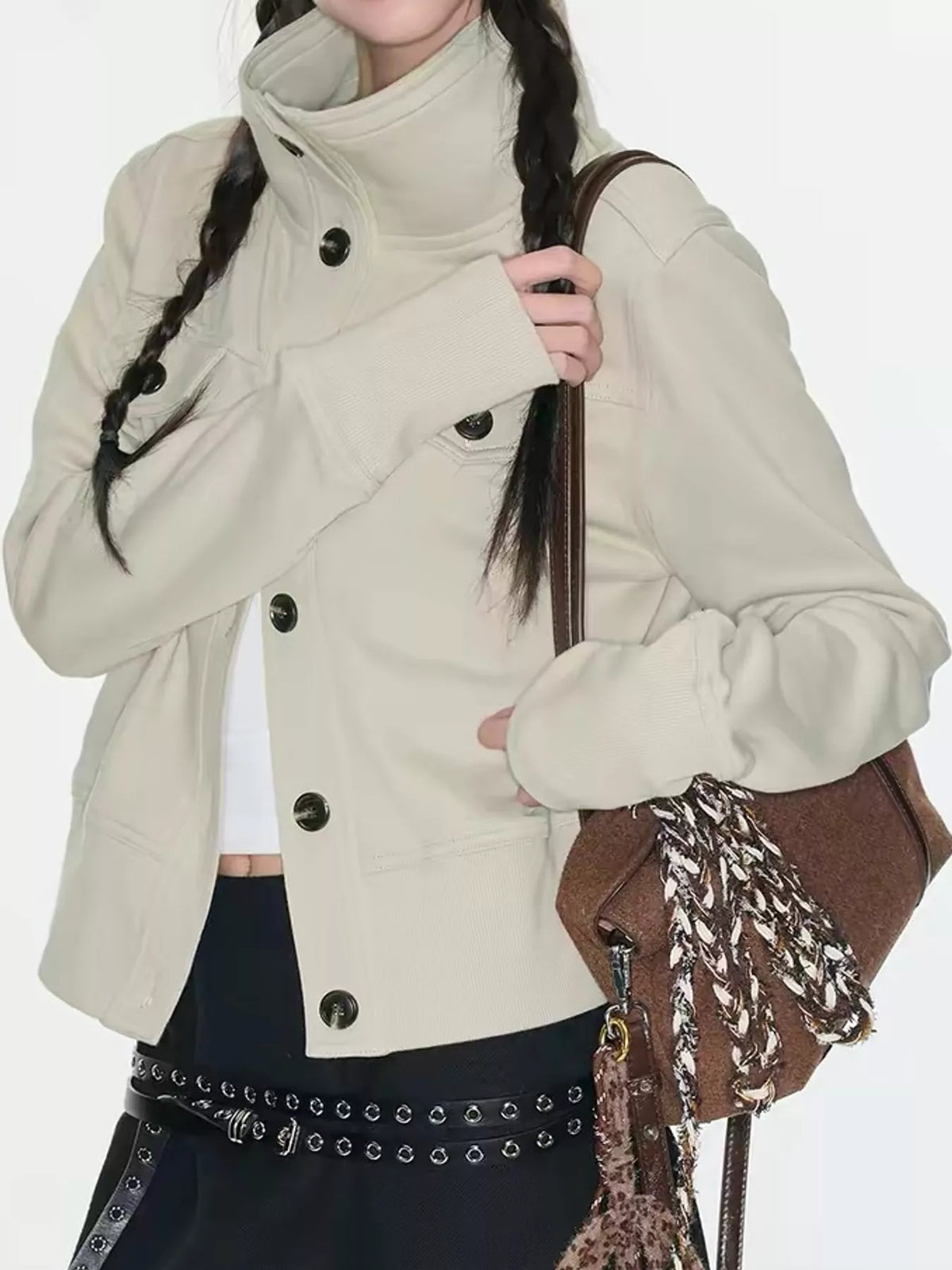 High-neck jacket, beige button front