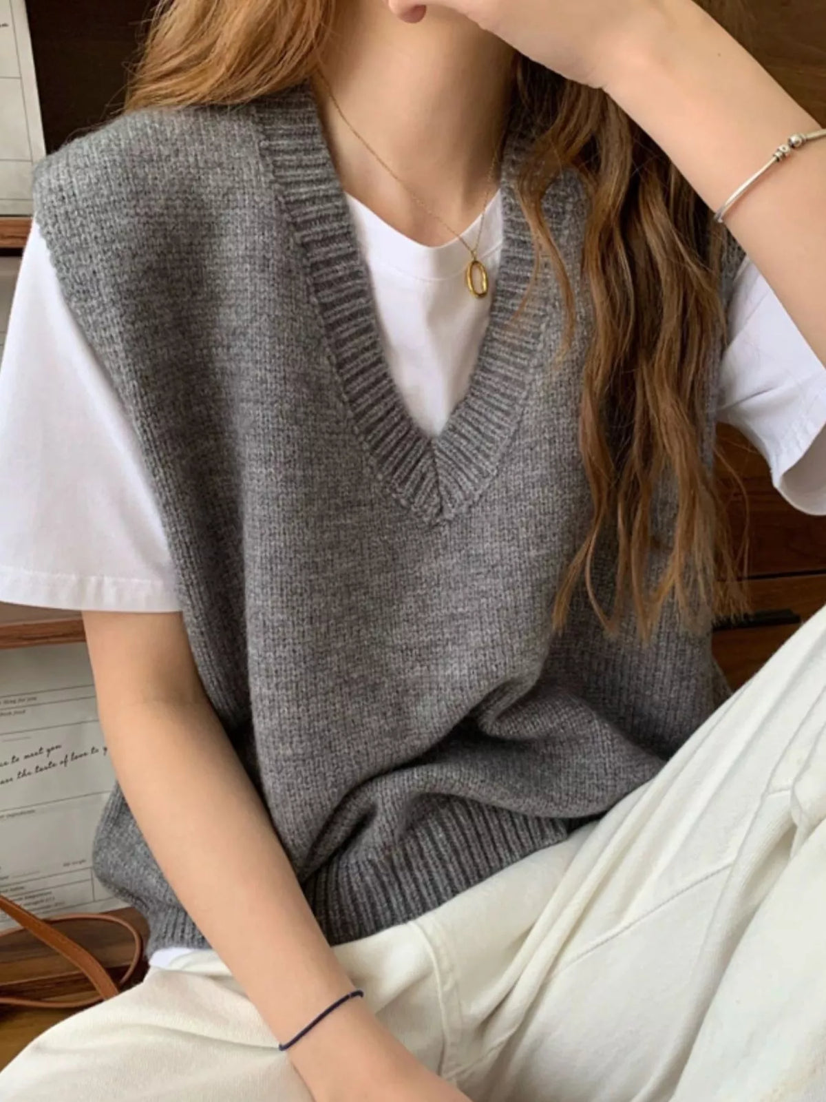 Gray v-neck knit sweater vest