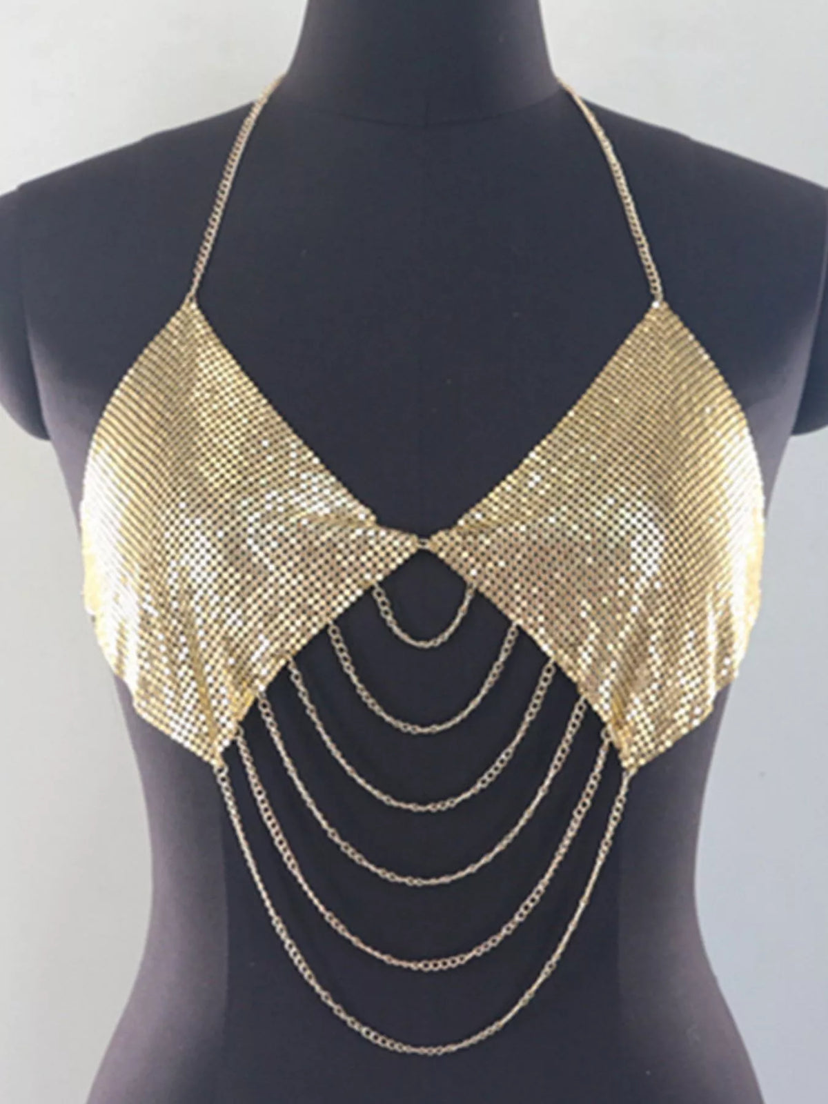 Gold metallic chainmail halter cami top