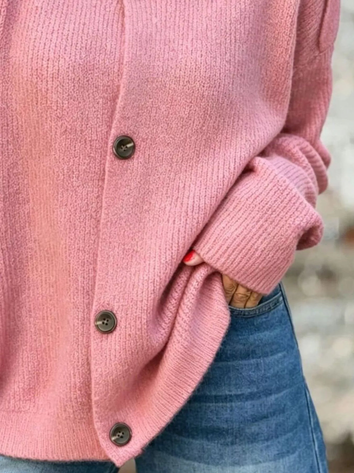 Mock neck long sleeve cardigan, construction and design details