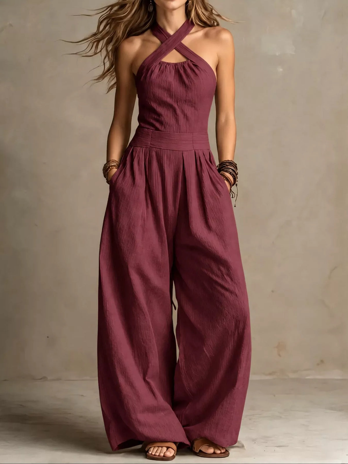 Wide-leg jumpsuit, burgundy front