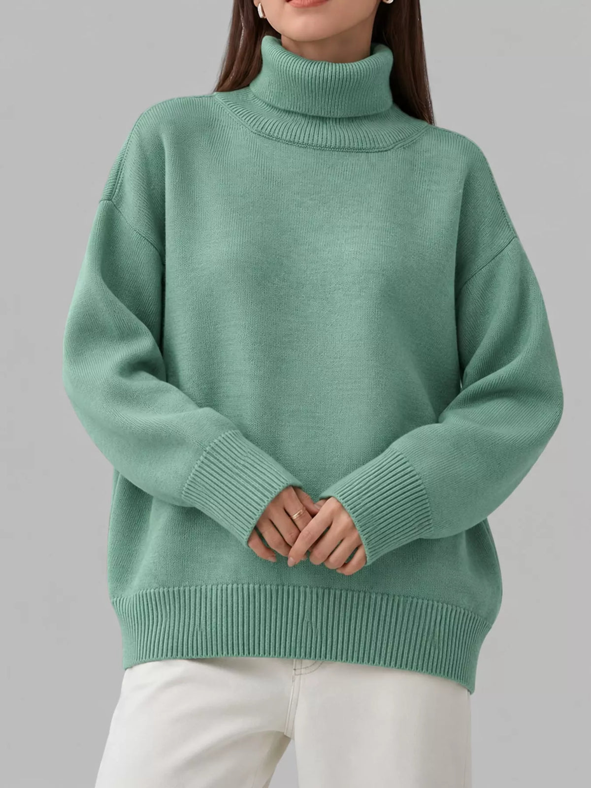 Turtleneck sweater, sage front