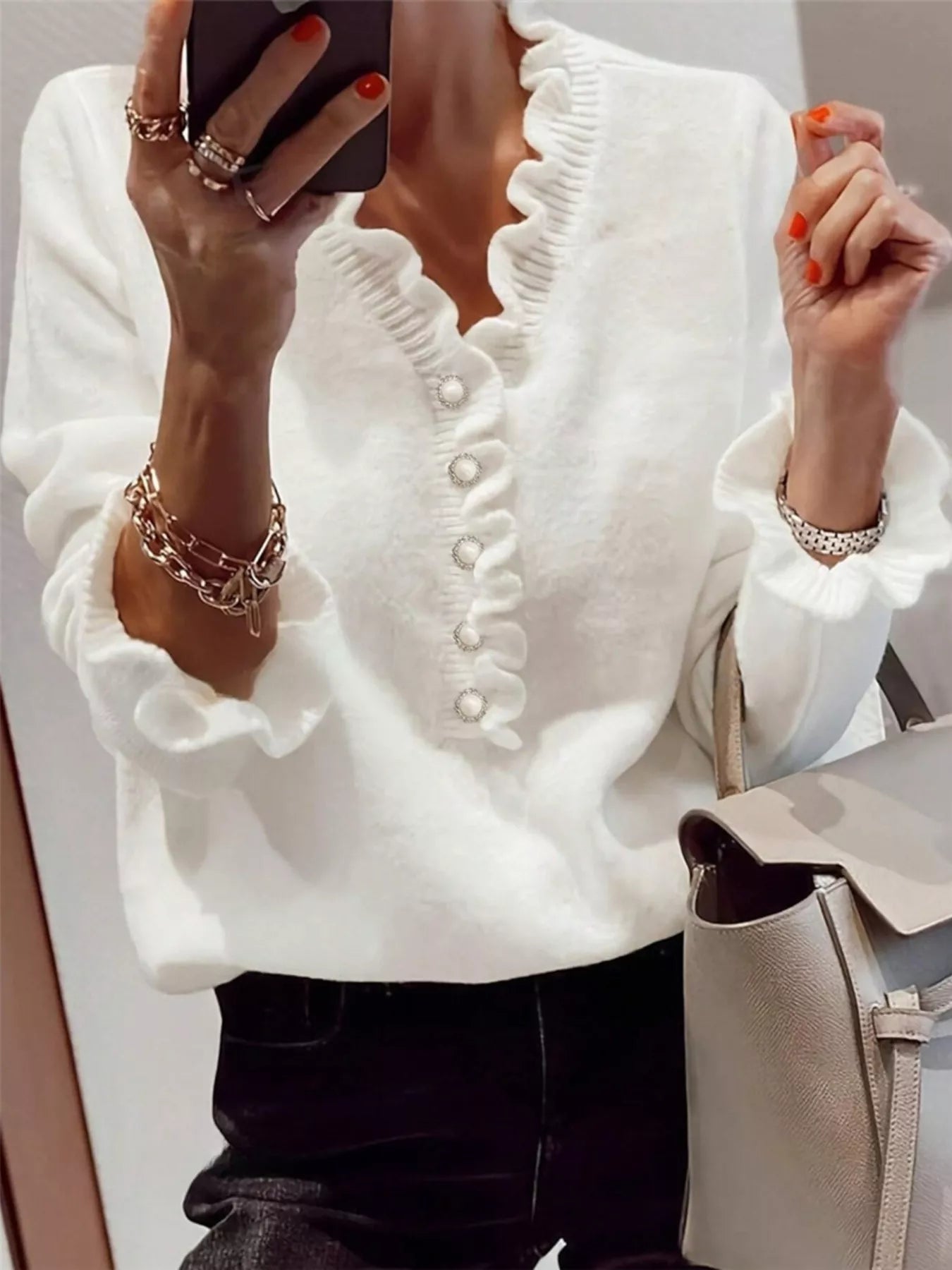 Trendsi Ruffled Pearl Button Sweater -