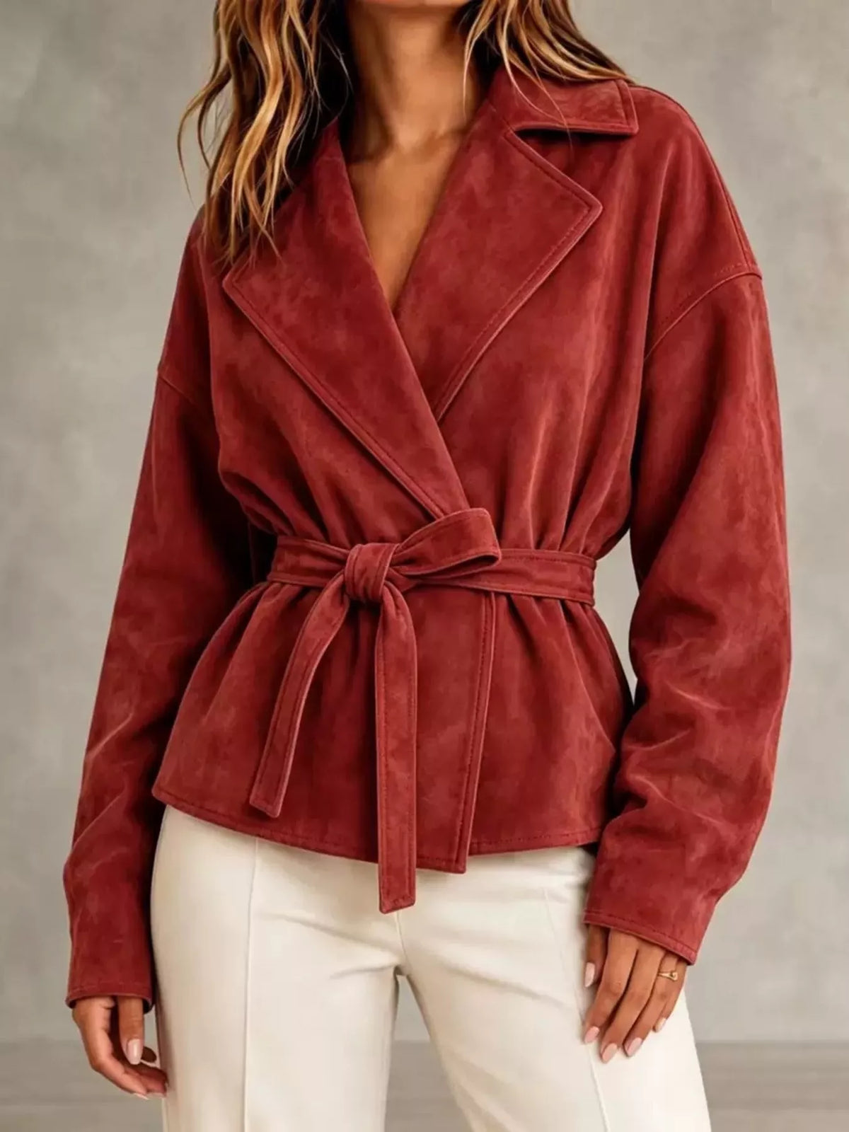 Red tie-waist lapel collar jacket