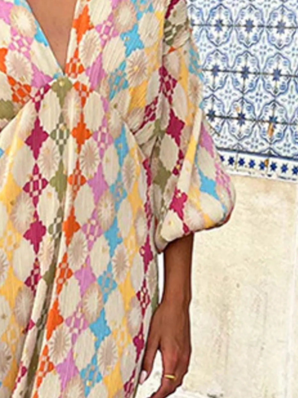 Geometric-Print V-Neck Maxi Dress