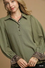 Trendsi Umgee Half Button Blouse with Leopard Print Trim -