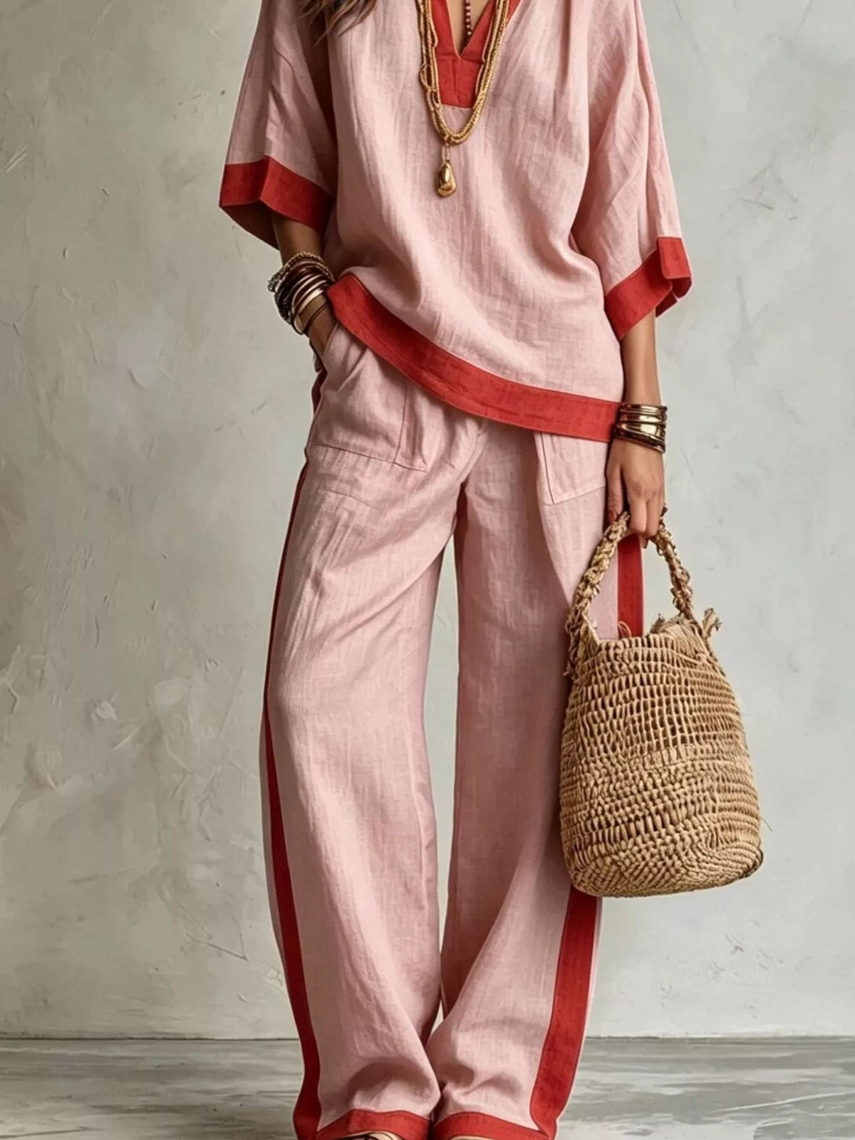 Contrast Trim Top and Wide Leg Pants Set in pink, pants detail