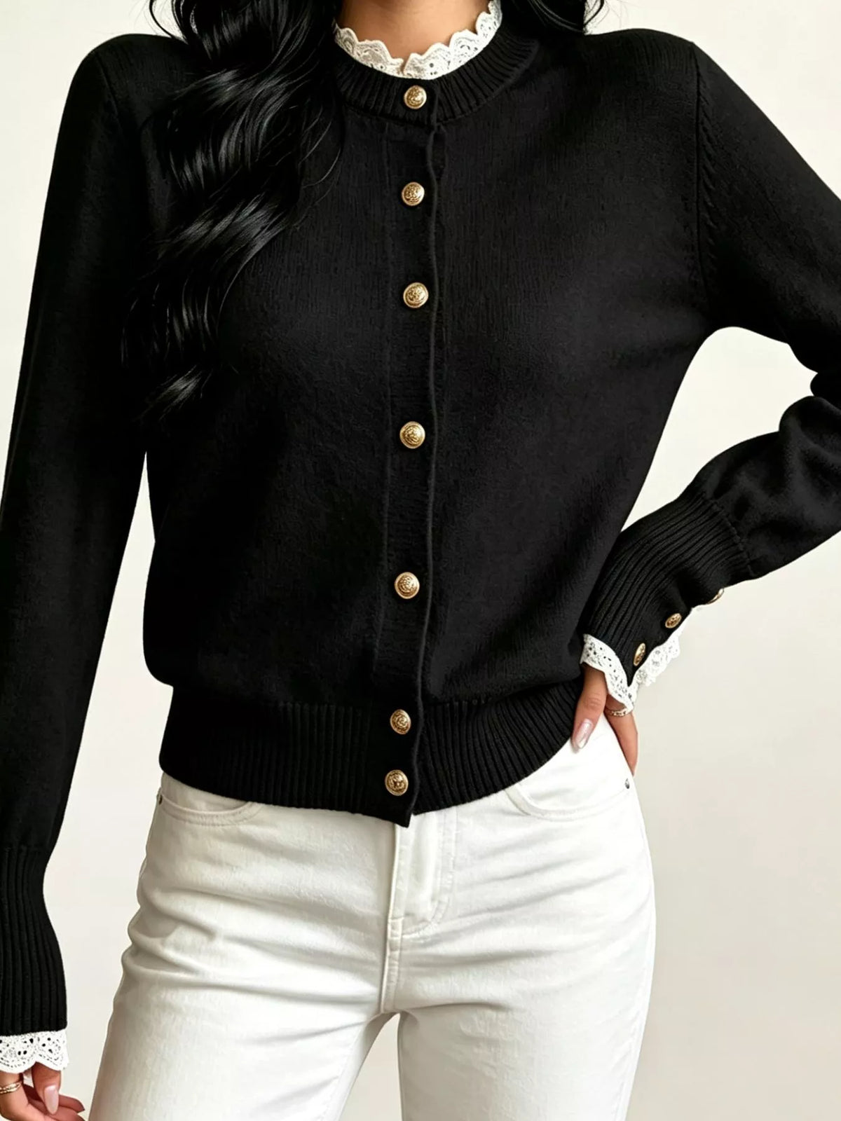 Trendsi Lace Trim Mock Neck Sweater -