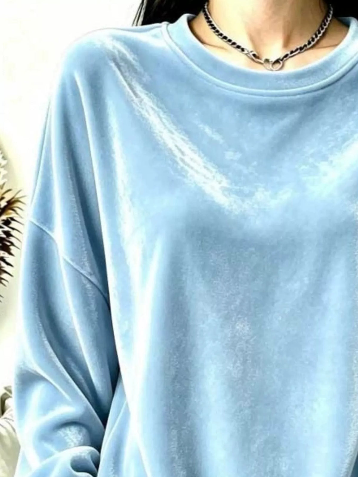 Women's Velvet Dropped Shoulder Sweatshirt in light blue — neckline detail view
