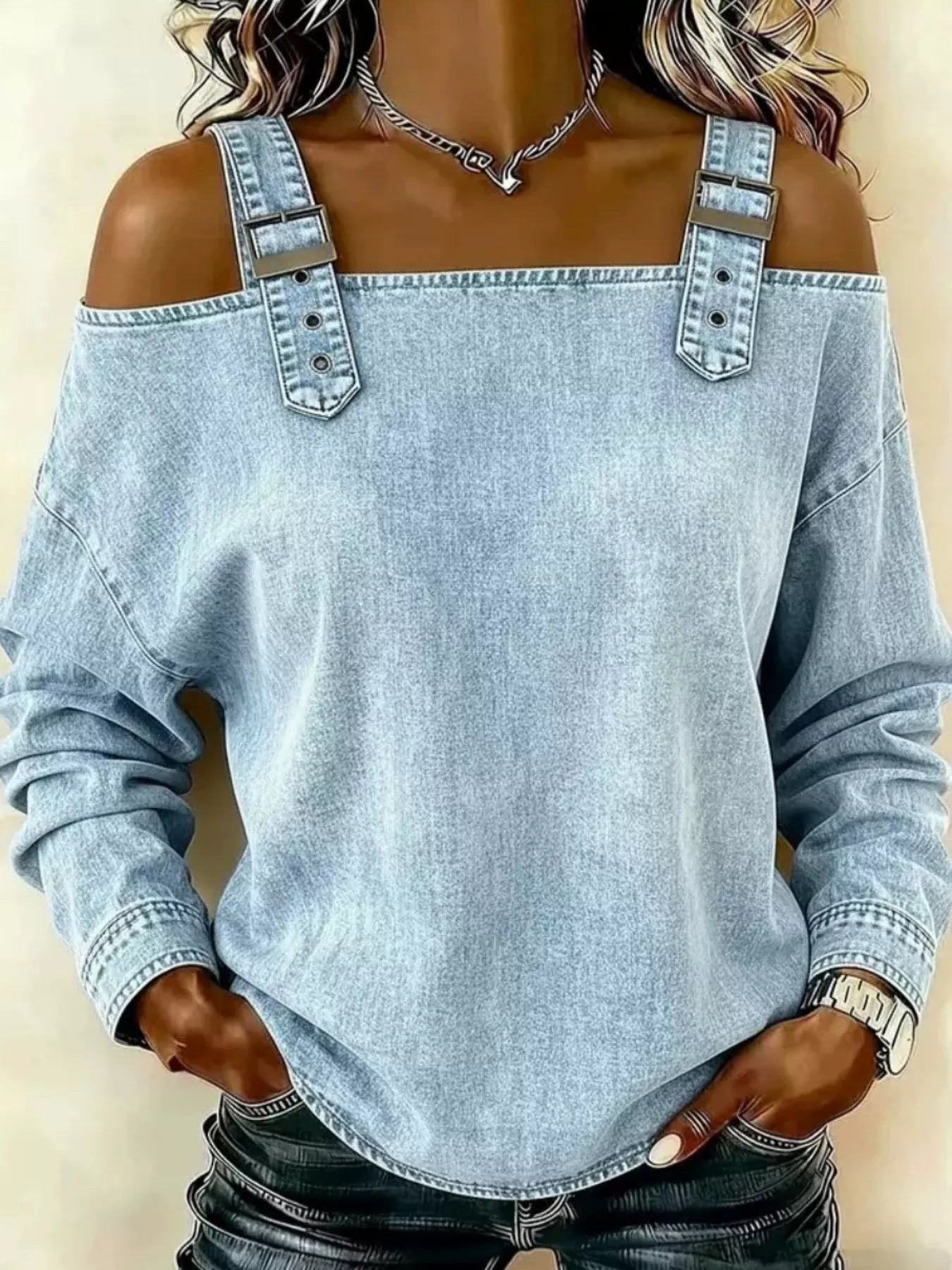 Trendsi Full Size Buckle Strap Long Sleeve Denim Top Plus Size -