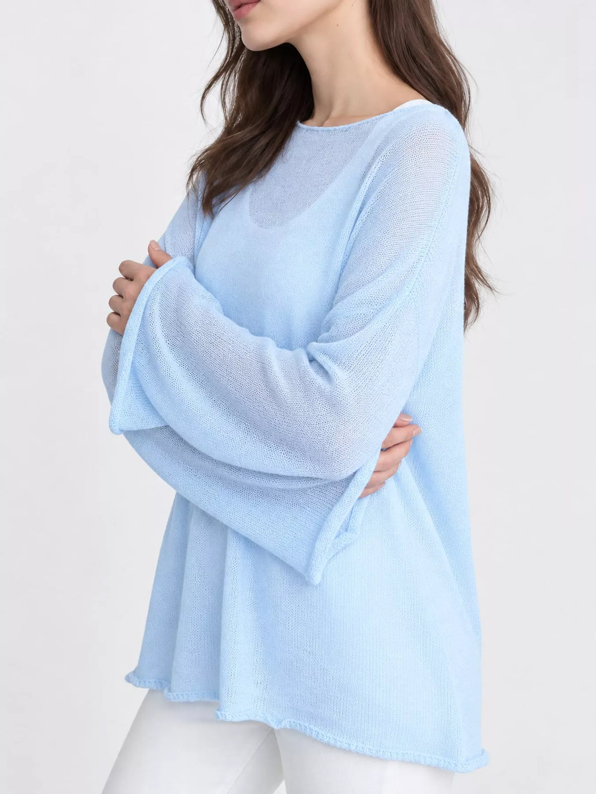 Light blue sheer openwork knit long sleeve top