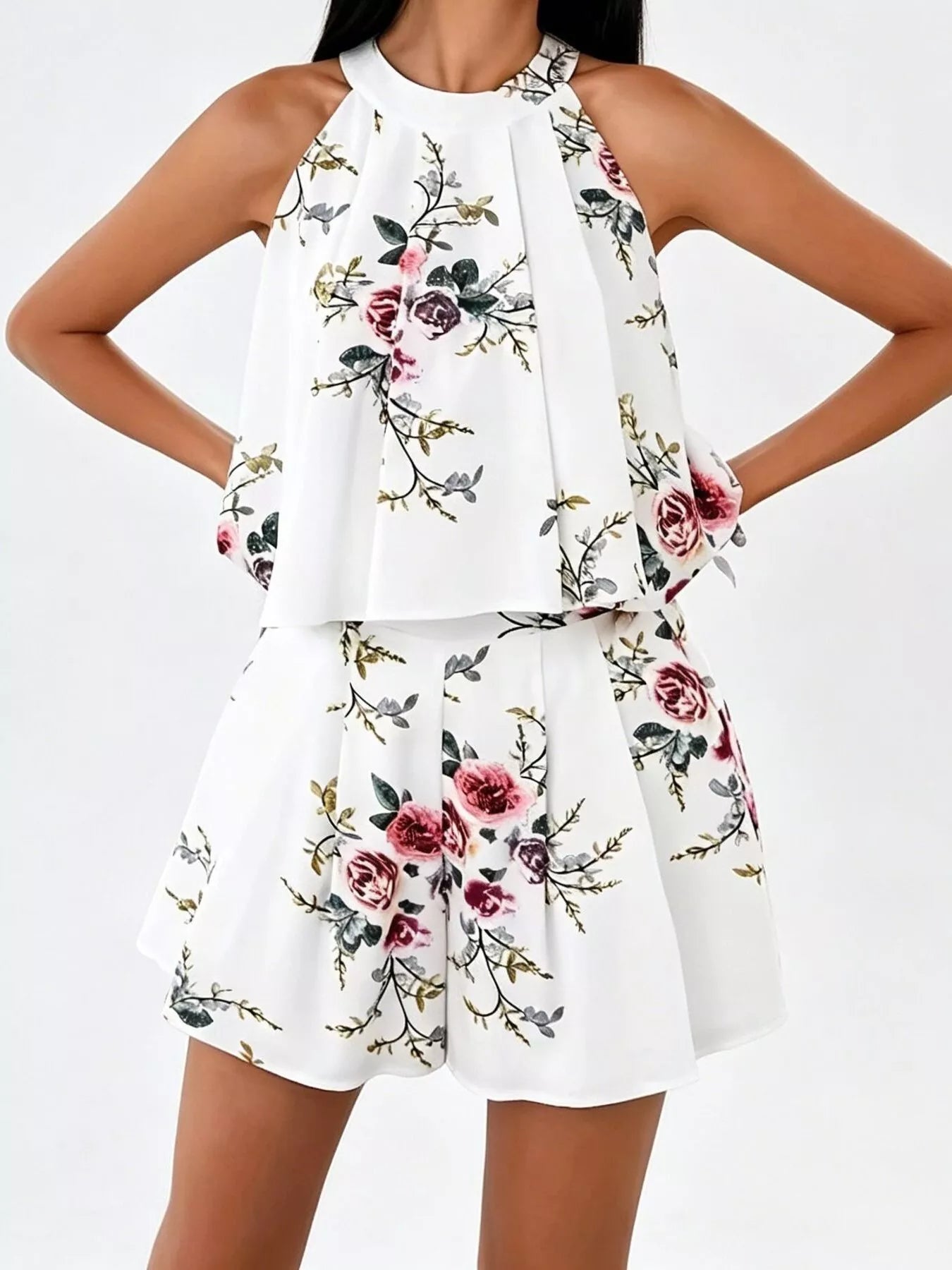 Trendsi Full Size Floral Print Halter Neck Tank Top and Pleated Shorts Set Plus Size -