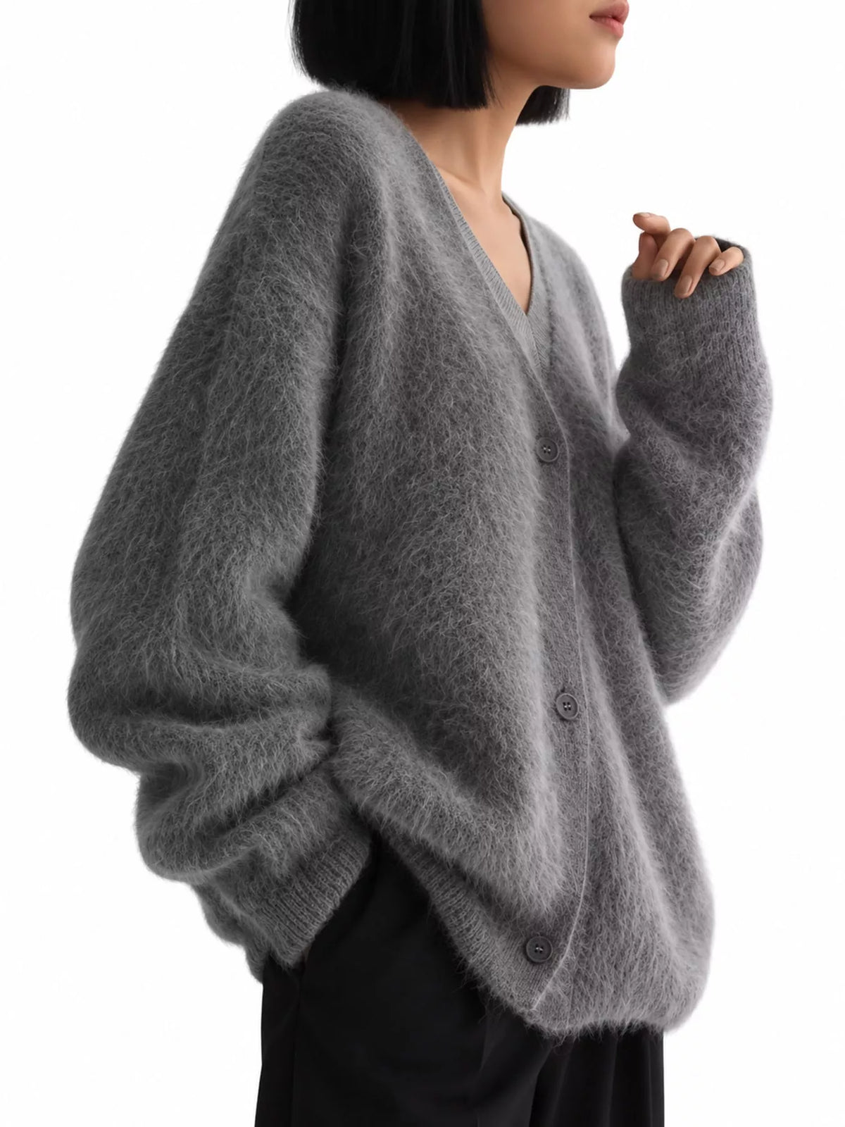 Gray fuzzy v-neck button-down cardigan, side view