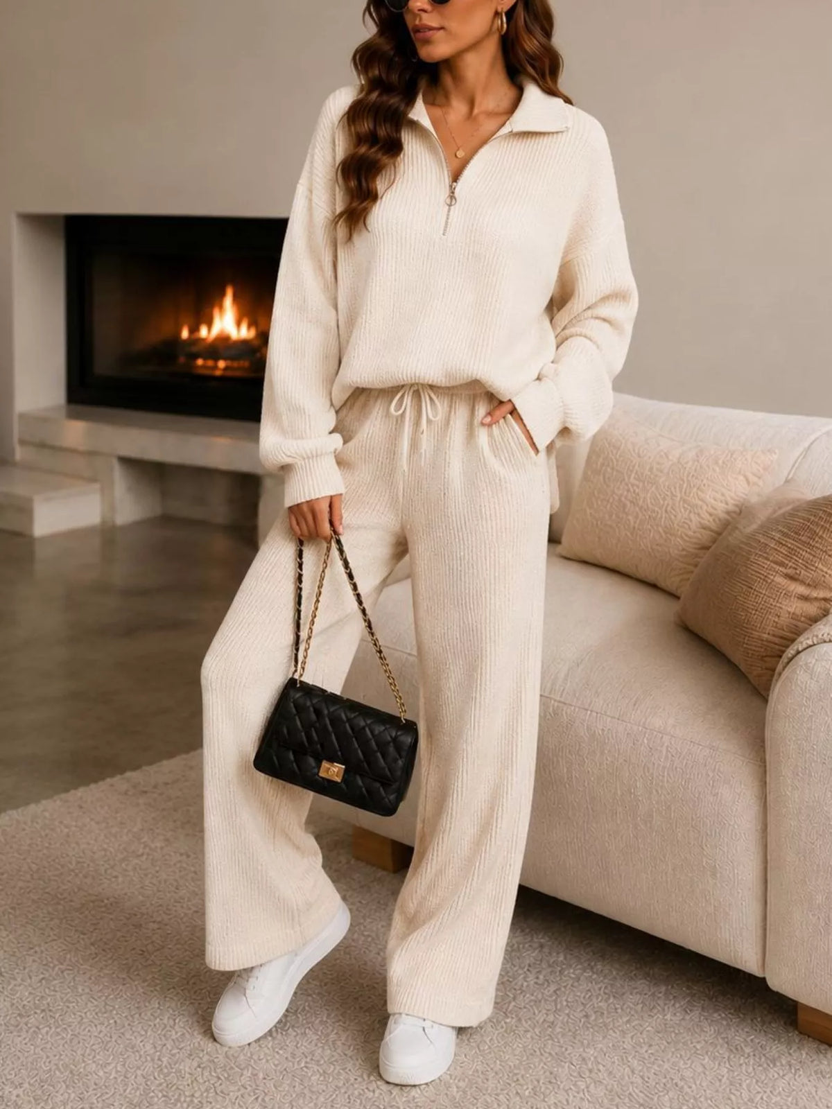 White quarter-zip knit top and pants set, full front view