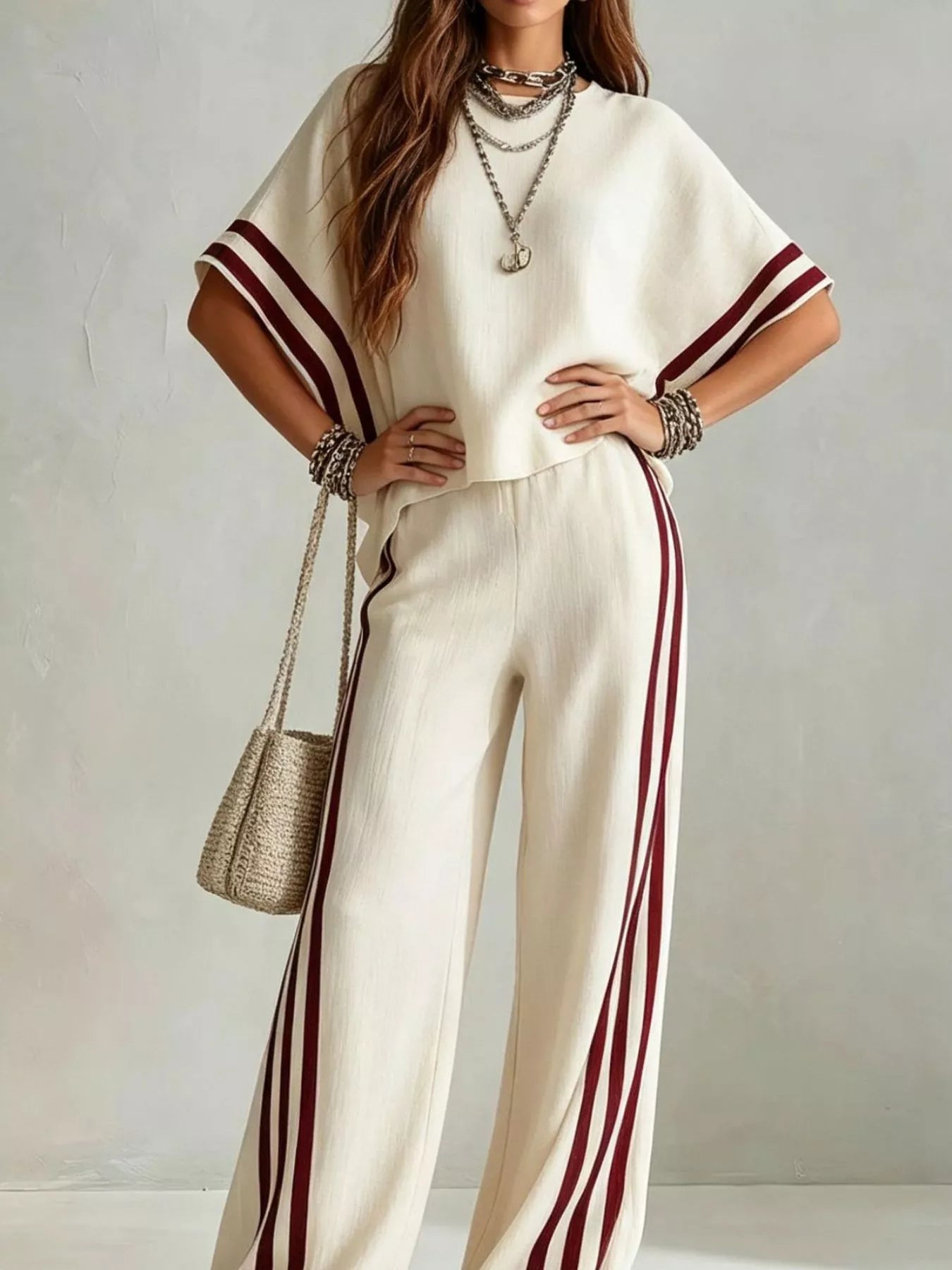 Trendsi Full Size Striped 3/4 Sleeve Top and Pants Set Plus Size -