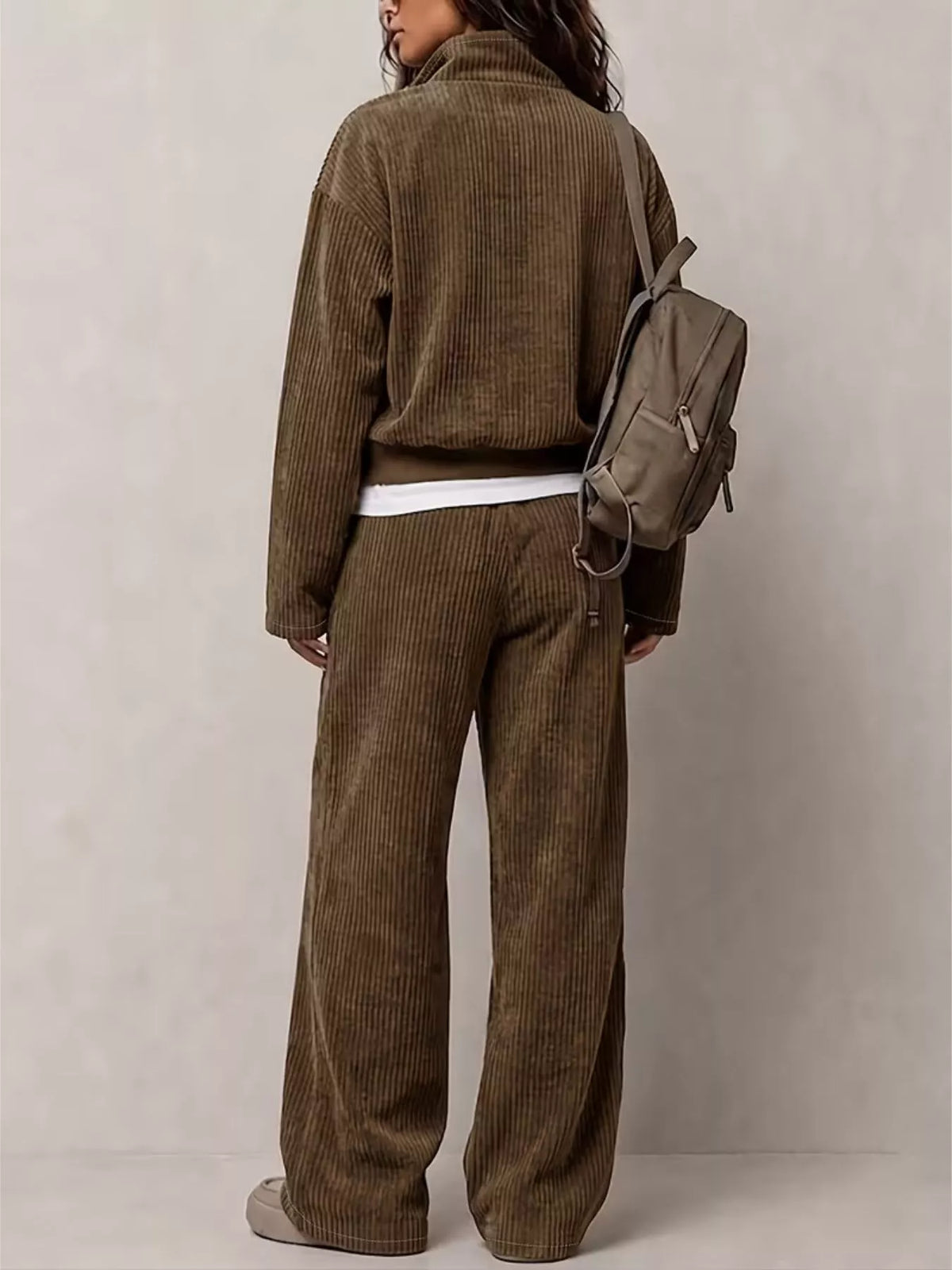 Women's Corduroy Button Detail Top and Wide-Leg Pants Set in brown — back view