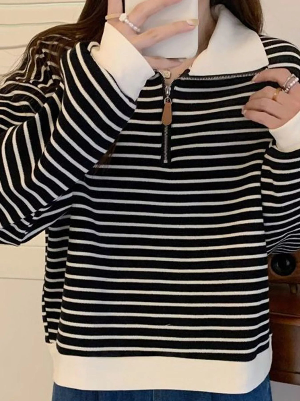 Striped Quarter-Zip Pullover Sweatshirt in black and cream