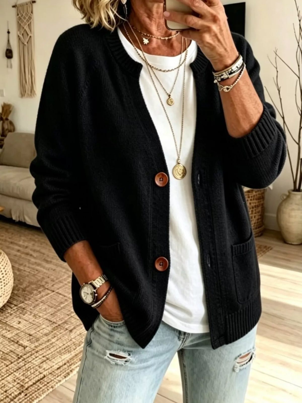 Women's Button Up Raglan Sleeve Cardigan in Black, front view