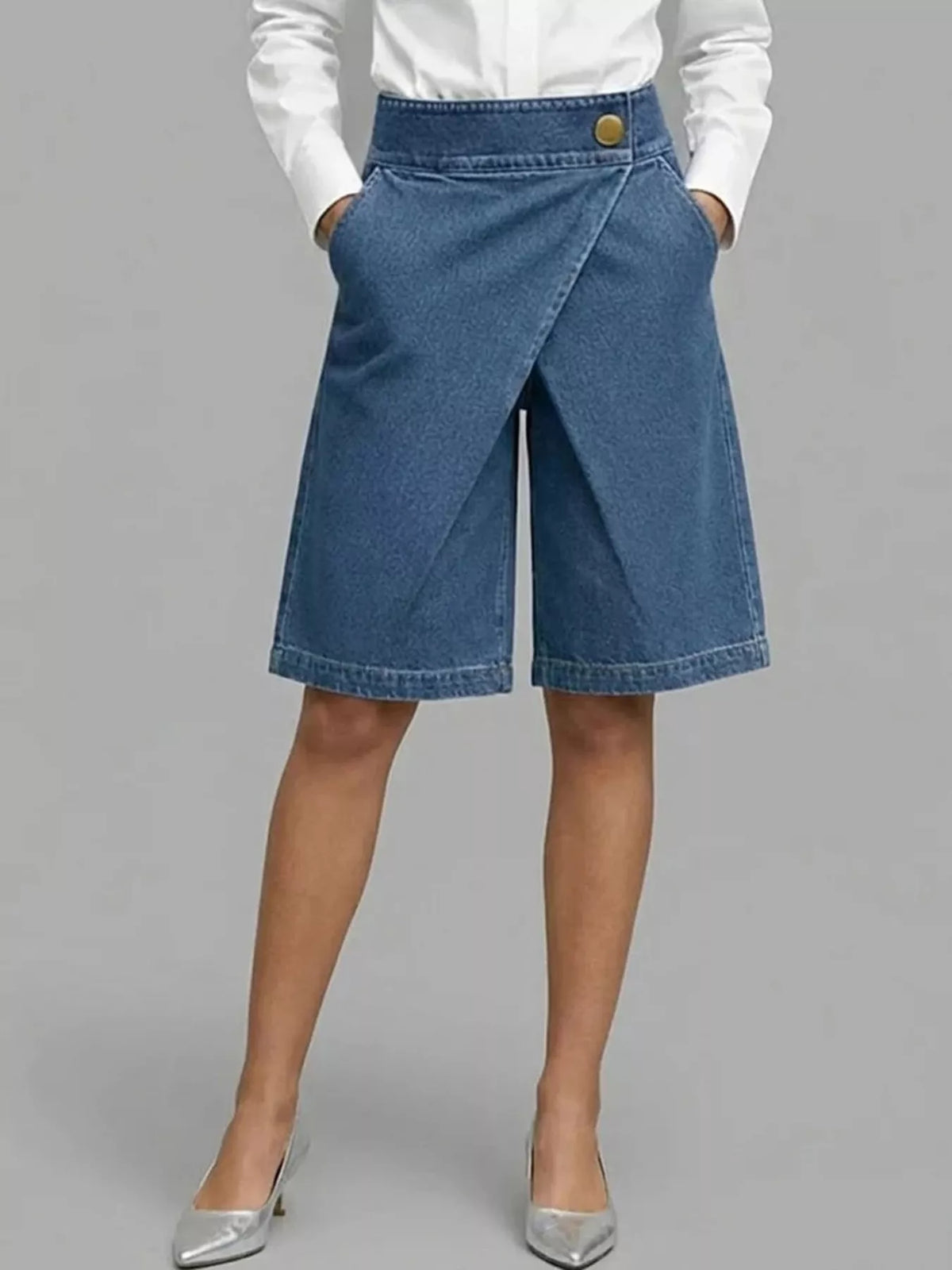 High-Waisted Wrap-Front Denim Look Shorts in blue, front view