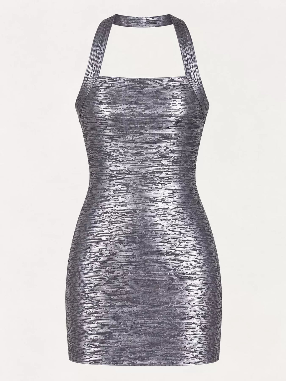 Silver halter neck bodycon dress, front view