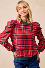 Trendsi BiBi Christmas Plaid Exaggerated Shoulder Sleeves Top -
