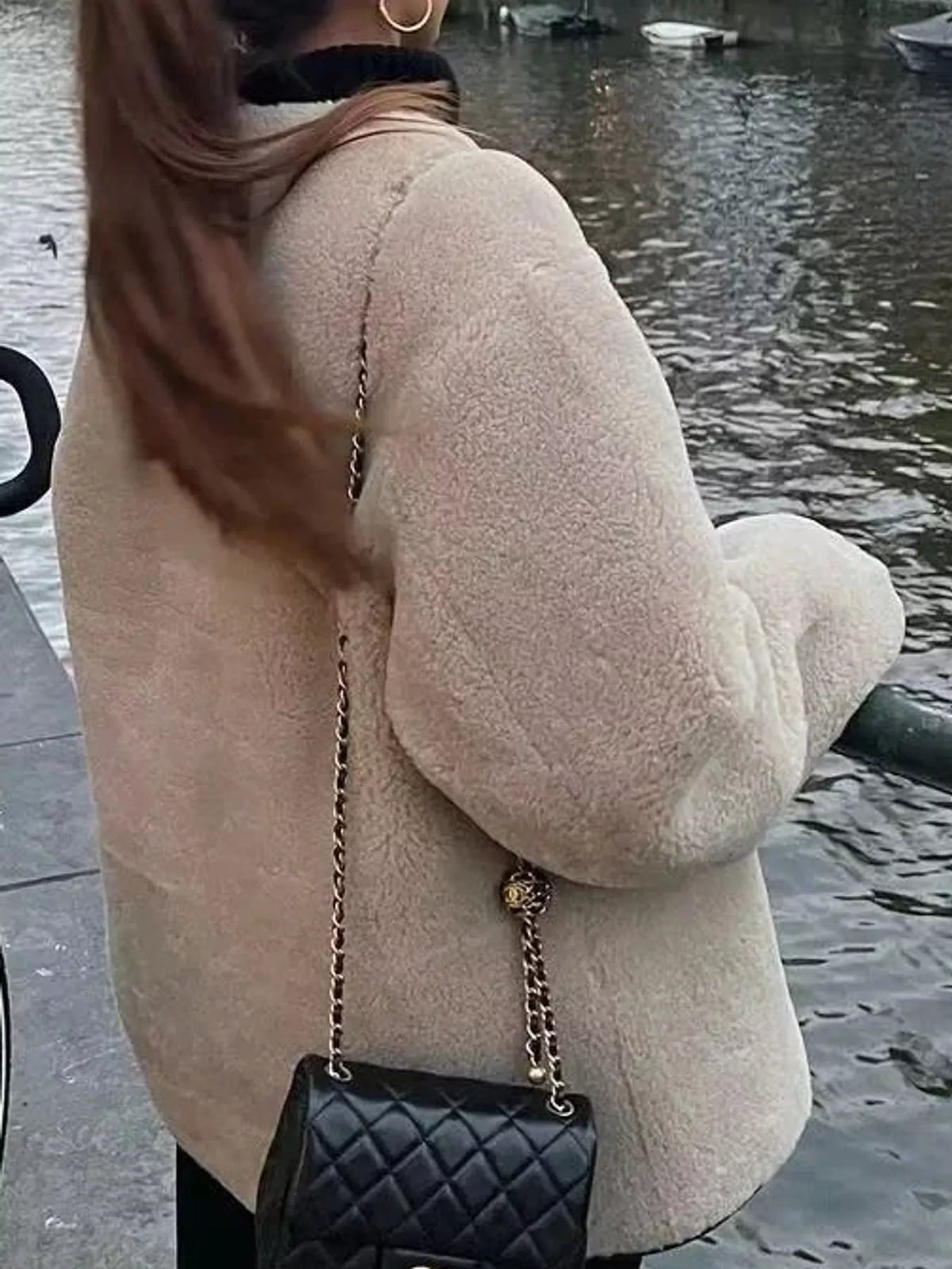 Beige faux shearling toggle coat, back view
