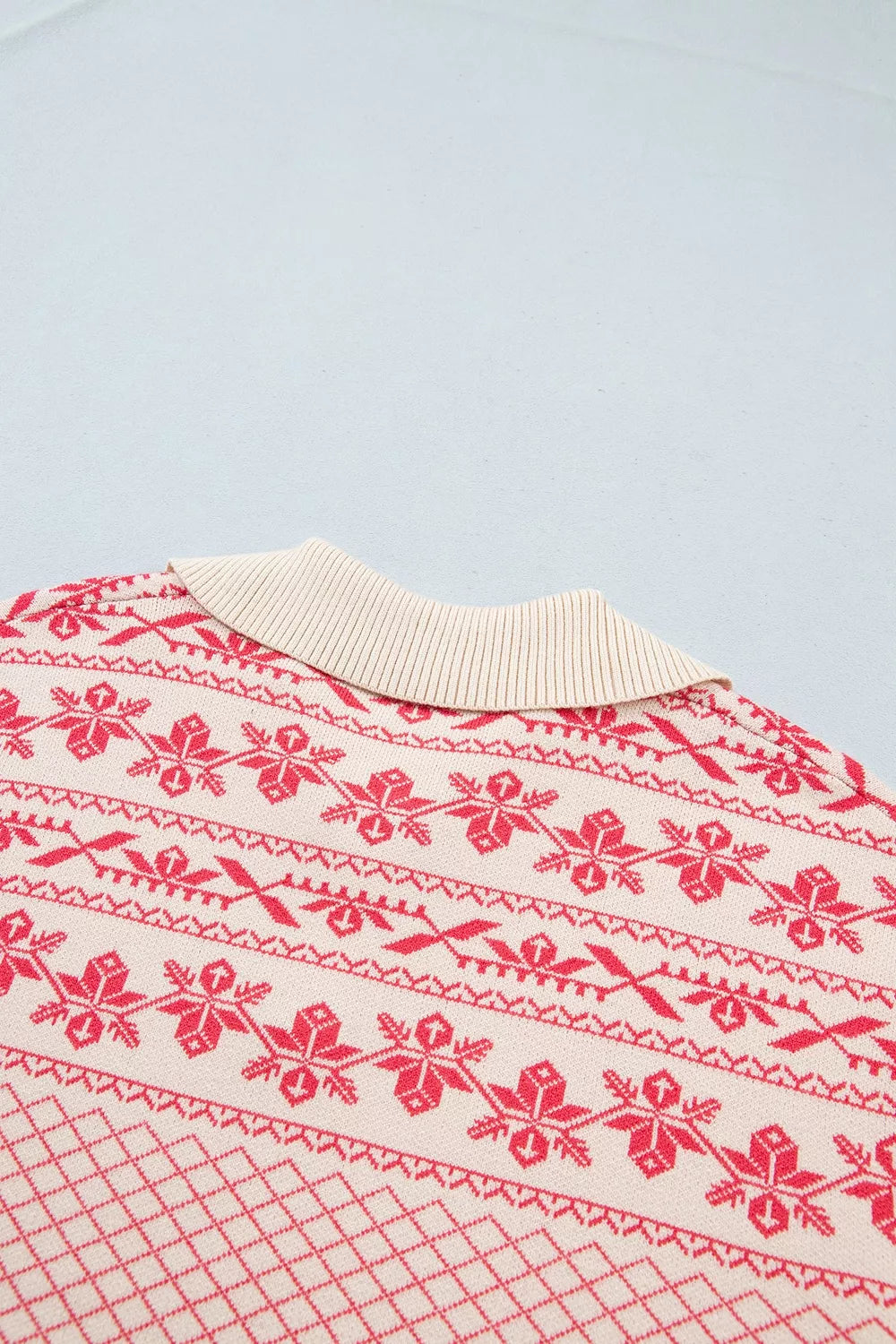 Pale Blush Fair Isle Quarter-Button Mock Neck Sweater back collar and knit detail