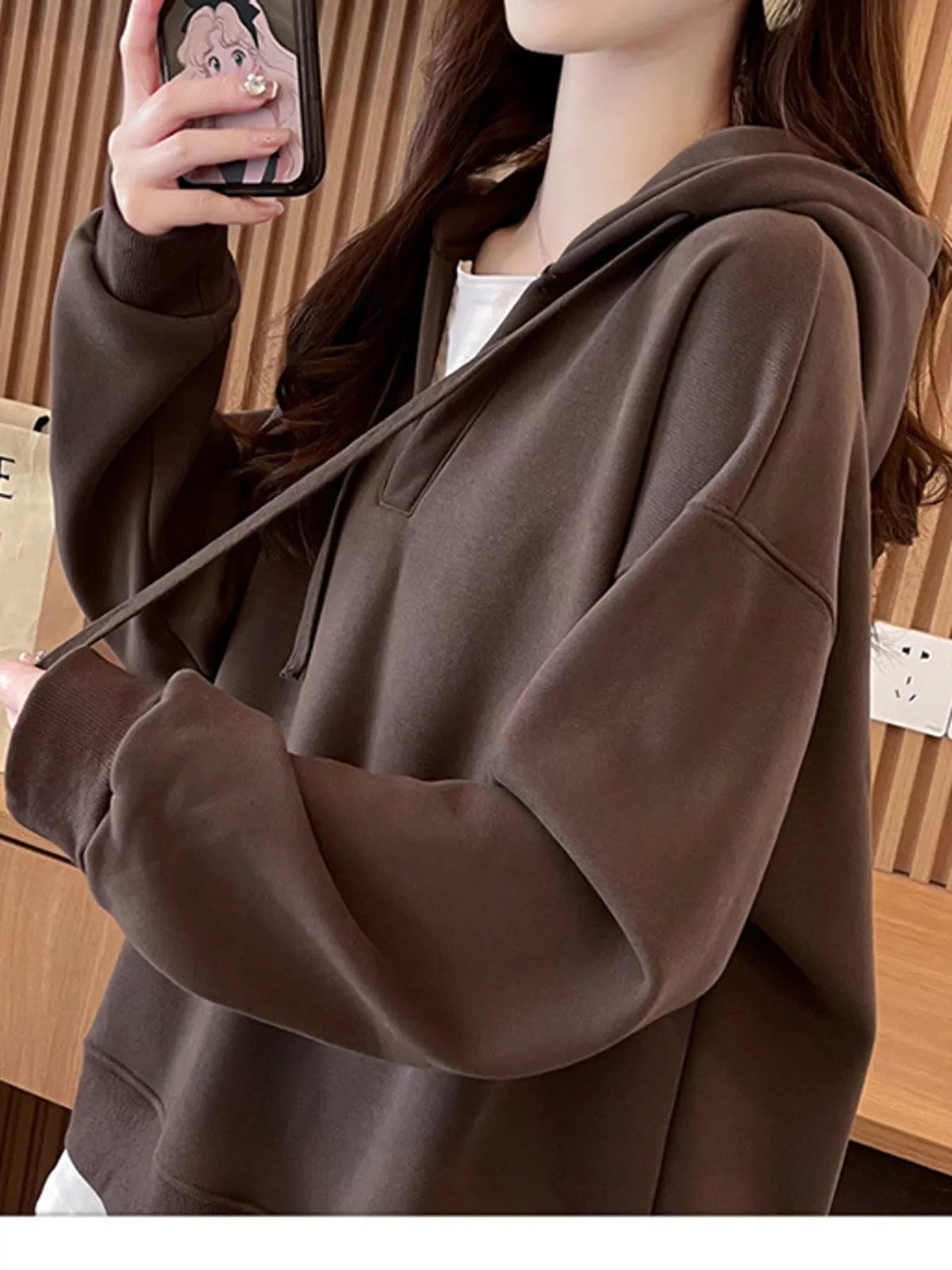 Brown layered look dropped shoulder hoodie, side view