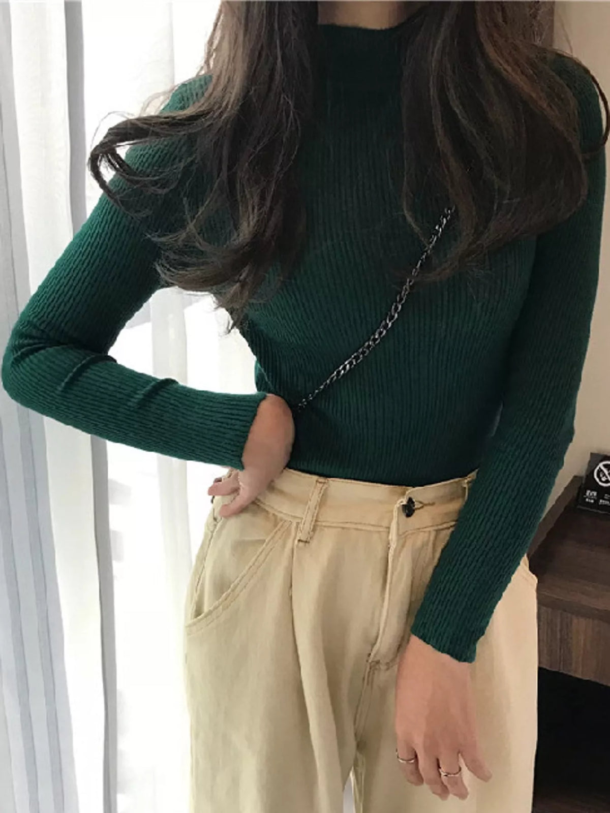 Forest green ribbed mock neck long sleeve knit top