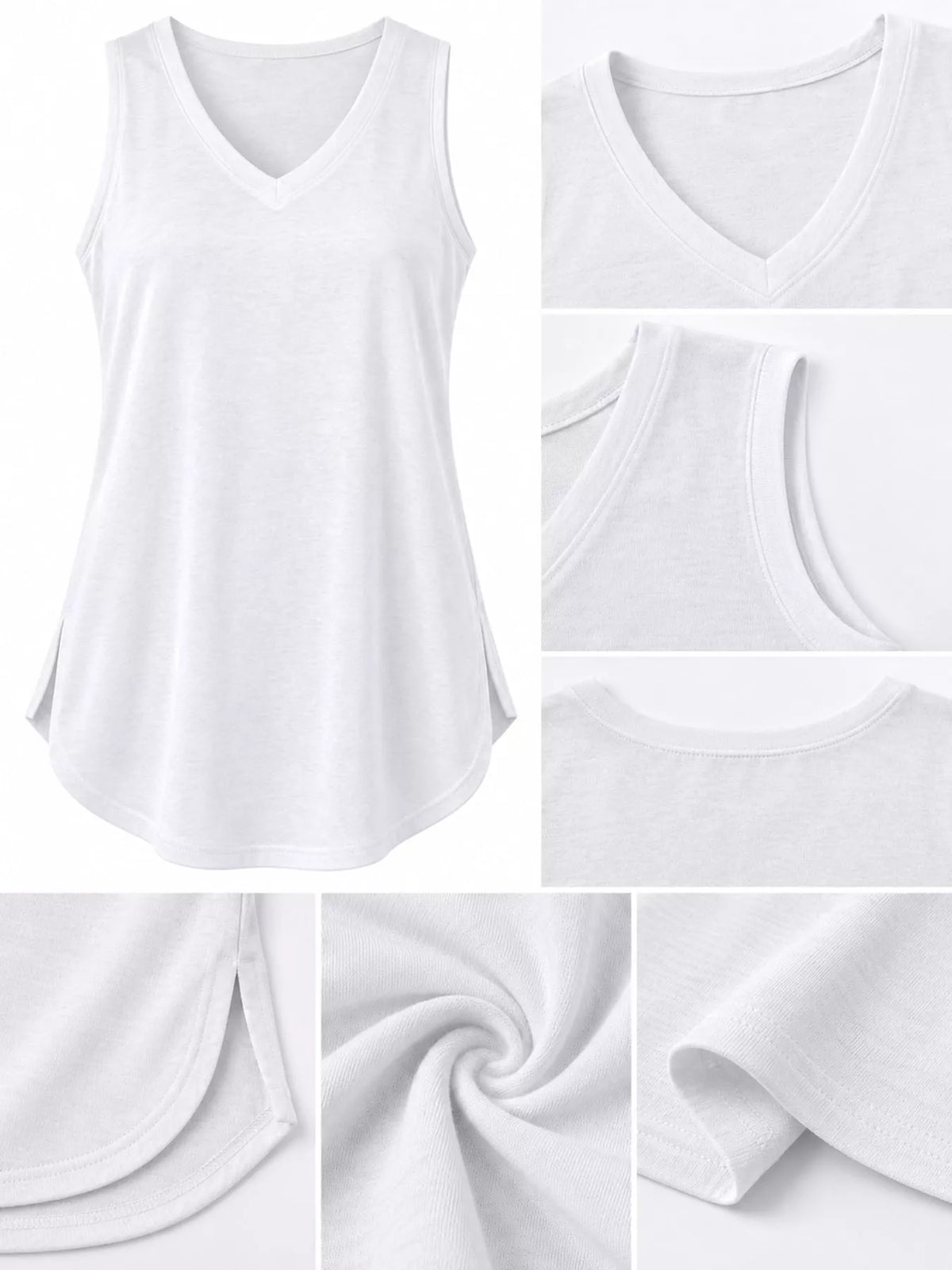 White v-neck loose fit tank top, V-neckline, armhole, curved hem, and fabric close-ups