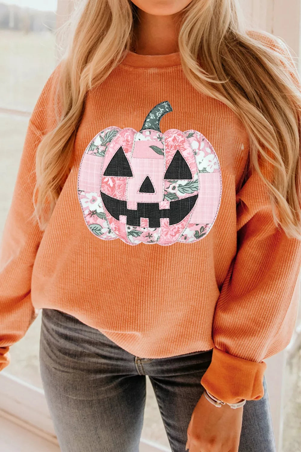 Trendsi Patchwork Pumpkin Graphic Corded Ribbed Round Neck Tunic Sweatshirt -
