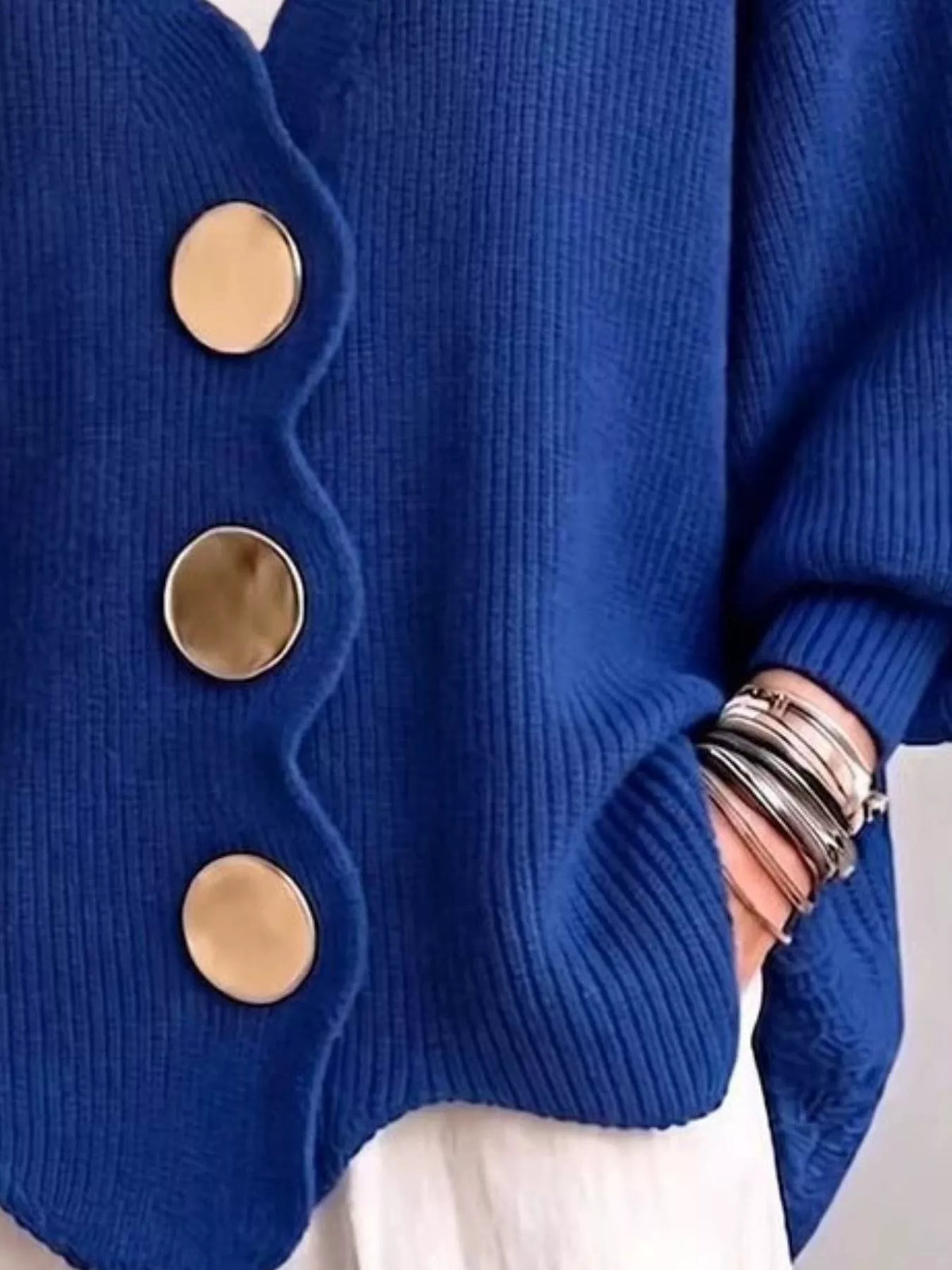 Women's Scalloped-Edge Oversized Button-Down Cardigan in Blue, back view