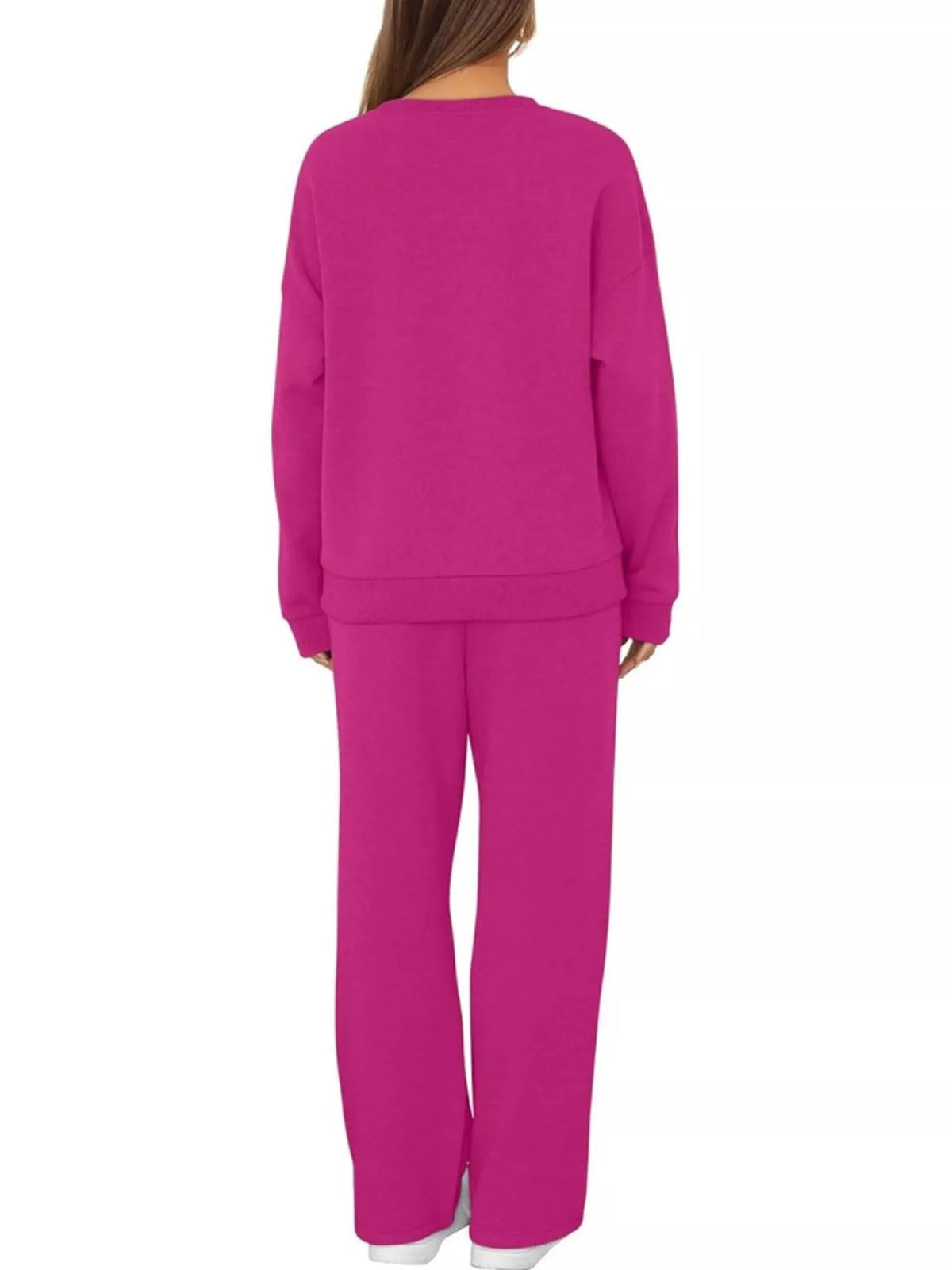 Crewneck Drop Shoulder Sweatshirt and Wide-Leg Pants Set — back view