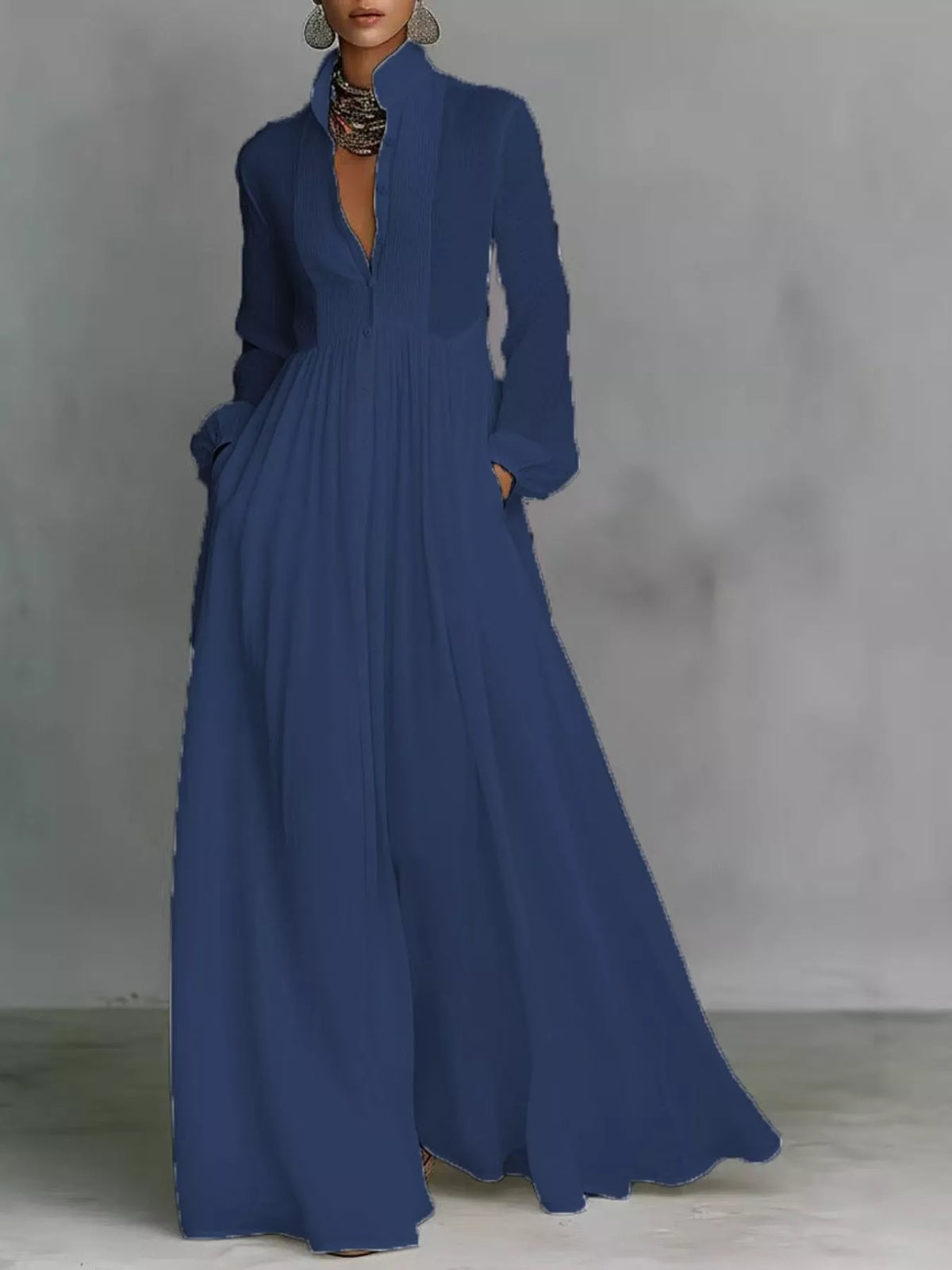 Blue long sleeve button-front maxi dress