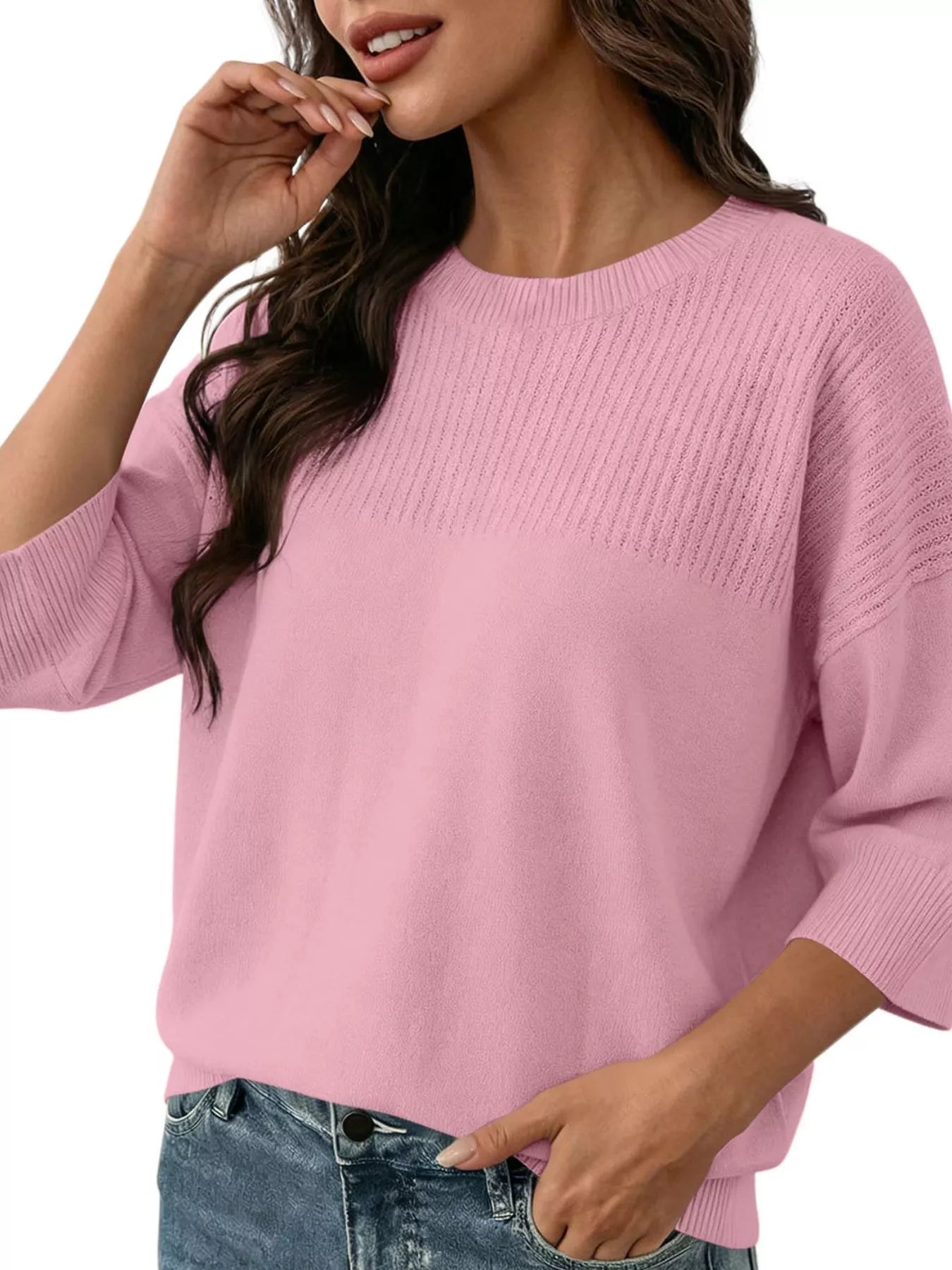 Trendsi Elegant Crew Neck Eyelet Ribbed Sweater -